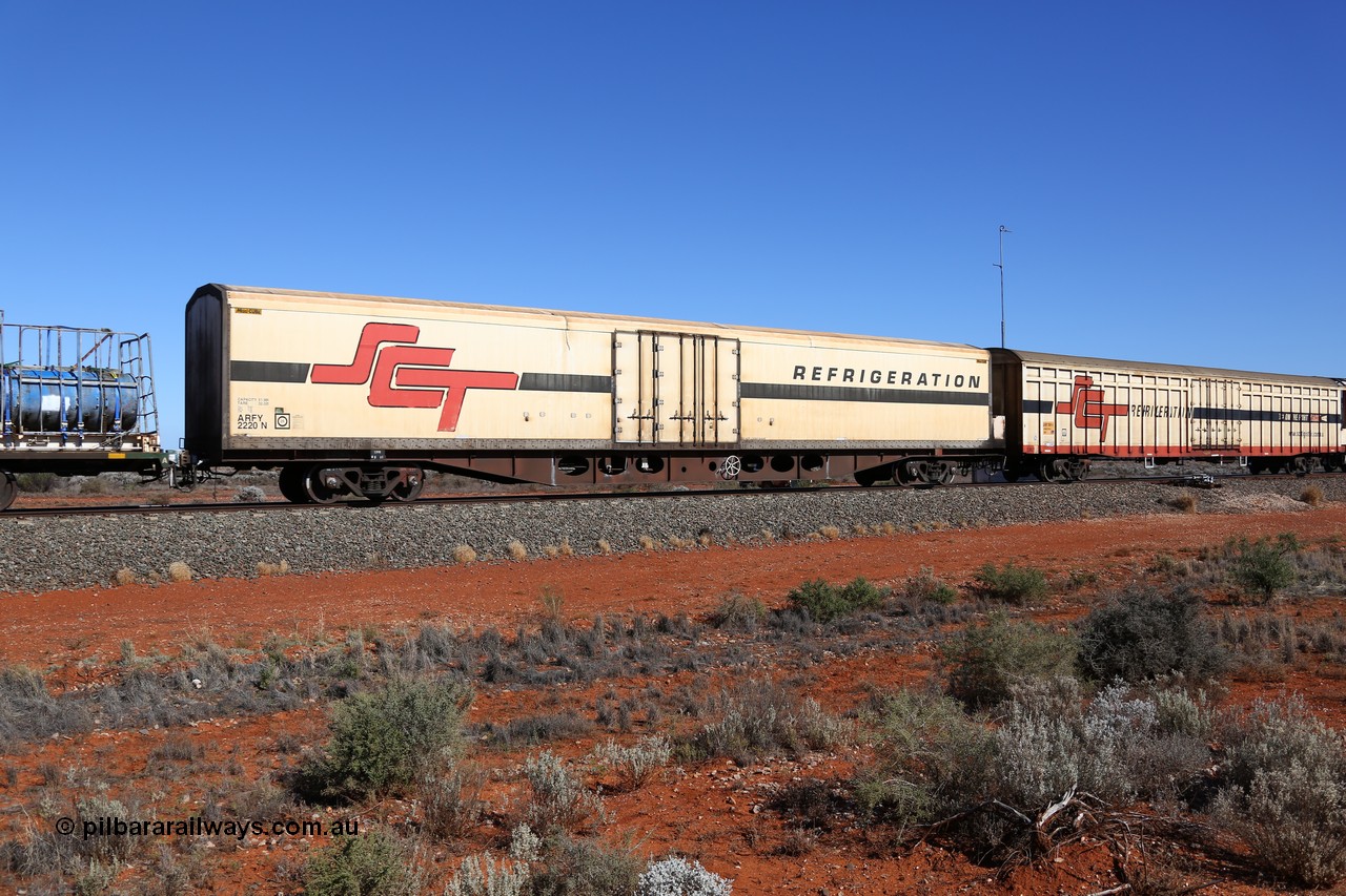 160527 5550
Blamey crossing loop at the 1692 km, SCT train 5PM9 operating from Perth to Melbourne, ARFY type ARFY 2220 refrigerated van with a Ballarat built Maxi-CUBE fibreglass body that has been fitted to a Comeng Victoria 1971 built RO type flat waggon that was in service with Commonwealth Railways and recoded though ROX - AQOX - RQOY codes before conversion.
Keywords: ARFY-type;ARFY2220;Maxi-Cube;Comeng-Vic;RO-type;AQOX-type;