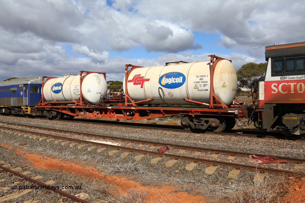 160529 8873
Parkeston, SCT train 6MP9 operating from Melbourne to Perth, SCT inline refuelling waggon PQFY type PQFY 4209 originally built by Carmor Engineering SA in 1976 for Commonwealth Railways as RMX type container waggon, with SCT - Logicoil AMT5 type tank-tainers TILU 102033 and TILU 102023.
Keywords: PQFY-type;PQFY4209;Carmor-Engineering-SA;RMX-type;