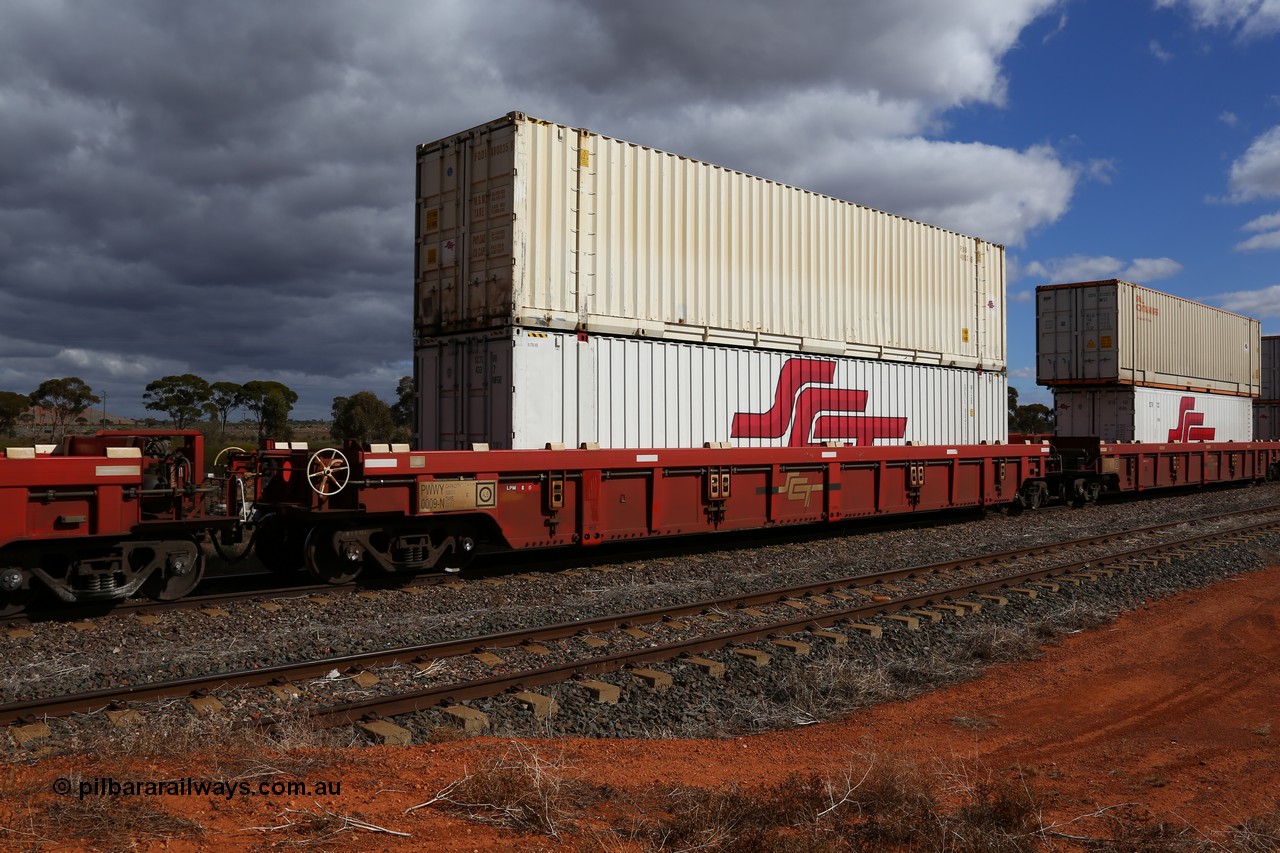 160529 8887
Parkeston, SCT train 6MP9 operating from Melbourne to Perth, PWWY type PWWY 0009 one of forty well waggons built by Bradken NSW for SCT, loaded with a 48' MFGB SCT box SCTL 004331 with former FCL 48' FQDU 480035.
Keywords: PWWY-type;PWWY0009;Bradken-NSW;