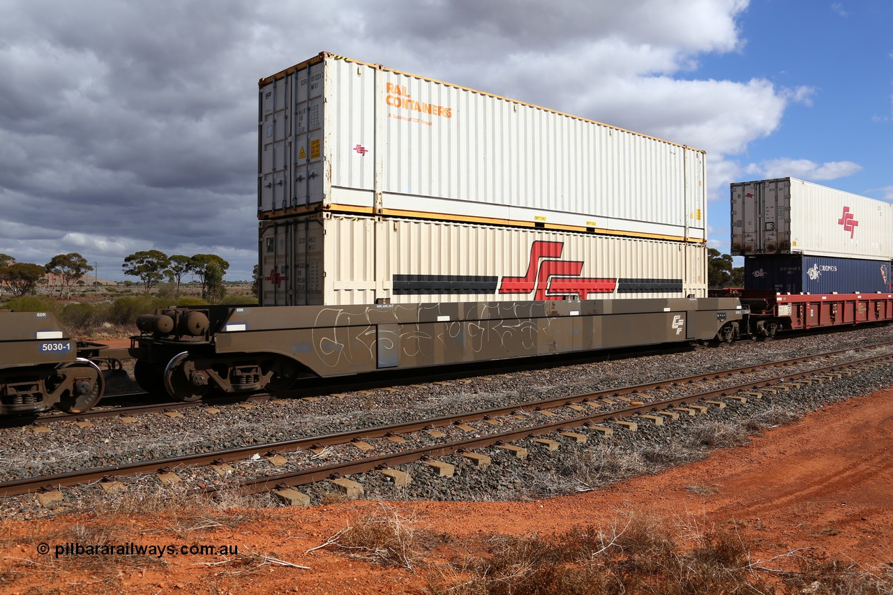 160529 8894
Parkeston, SCT train 6MP9 operating from Melbourne to Perth, CFCLA lease CQWY type well waggon set CQWY 5030-2 with two 48' MFG1 boxes SCT box SCTDS 4822 and Rail Containers box SCTU 411223 with SCT decals. The CQWY was built by Bluebird Rail Operations in South Australia in 2008 as a batch of sixty pairs.
Keywords: CQWY-type;CQWY5030;CFCLA;Bluebird-Rail-Operations-SA;