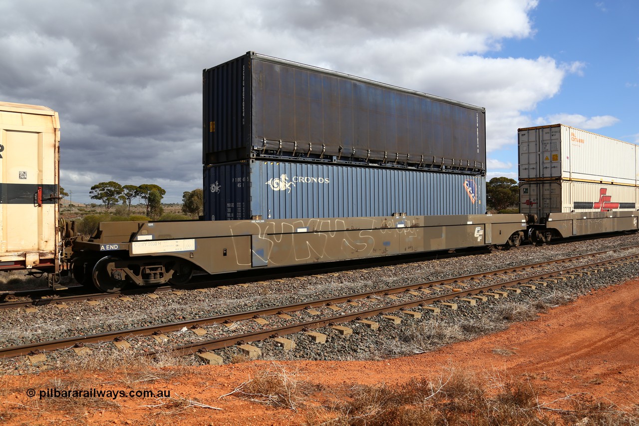 160529 8895
Parkeston, SCT train 6MP9 operating from Melbourne to Perth, CFCLA lease CQWY type well waggon set CQWY 5030-1 with a 40' 4EG1 type Cronos box CRTU 092421 and an SCF 40' curtainsider SCFU 807054. The CQWY was built by Bluebird Rail Operations in South Australia in 2008 as a batch of sixty pairs.
Keywords: CQWY-type;CQWY5030;CFCLA;Bluebird-Rail-Operations-SA;