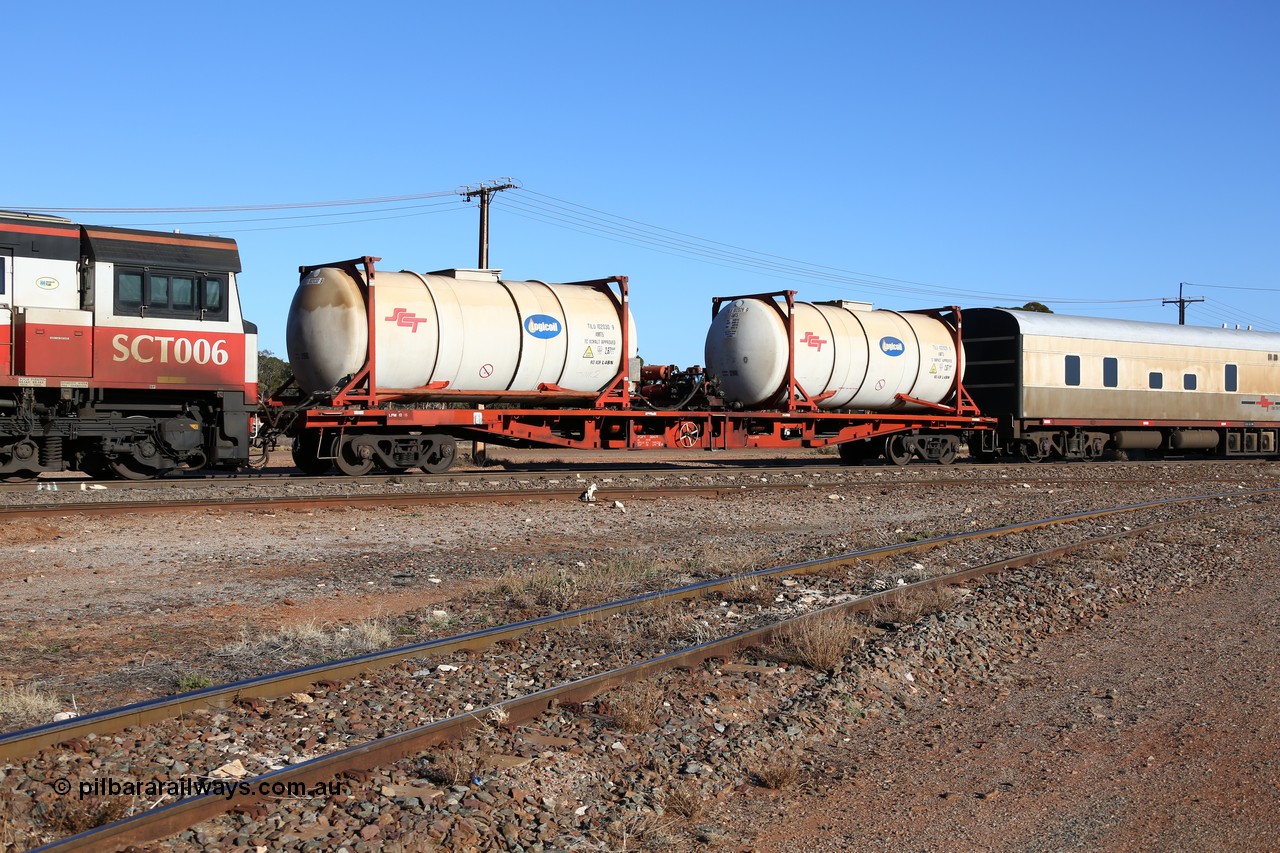 160530 9090
Parkeston, SCT train 1PM9 operates mostly empty from Perth to Melbourne, SCT inline refuelling waggon PQFY type PQFY 3047 originally built by Carmor Engineering SA in 1975 for Commonwealth Railways as RMX type container waggon, also carried these codes AQMX - AQSY - RQKY before SCT ownership, loaded with SCT - Logicoil AMT5 type tank-tainers TILU 102030 and TILU 102026.
Keywords: PQFY-type;PQFY3047;Carmor-Engineering-SA;RMX-type;