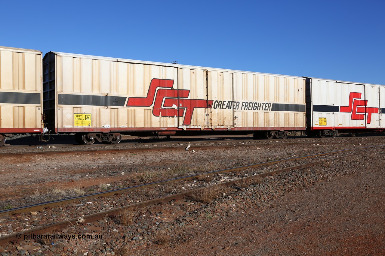 160530 9103
Parkeston, SCT train 1PM9 operates mostly empty from Perth to Melbourne, PBHY type covered van PBHY 0006 Greater Freighter, one of thirty five units built by Gemco WA in 2005 with the 'Greater Freighter' signage.
Keywords: PBHY-type;PBHY0006;Gemco-WA;