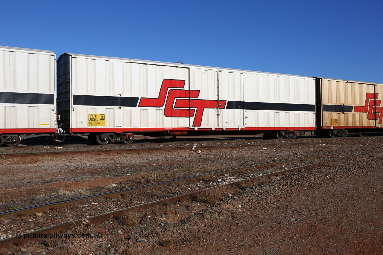 160530 9105
Parkeston, SCT train 1PM9 operates mostly empty from Perth to Melbourne, PBHY type covered van PBHY 0029 Greater Freighter, one of thirty five units built by Gemco WA in 2005 without the Greater Freighter signage.
Keywords: PBHY-type;PBHY0029;Gemco-WA;