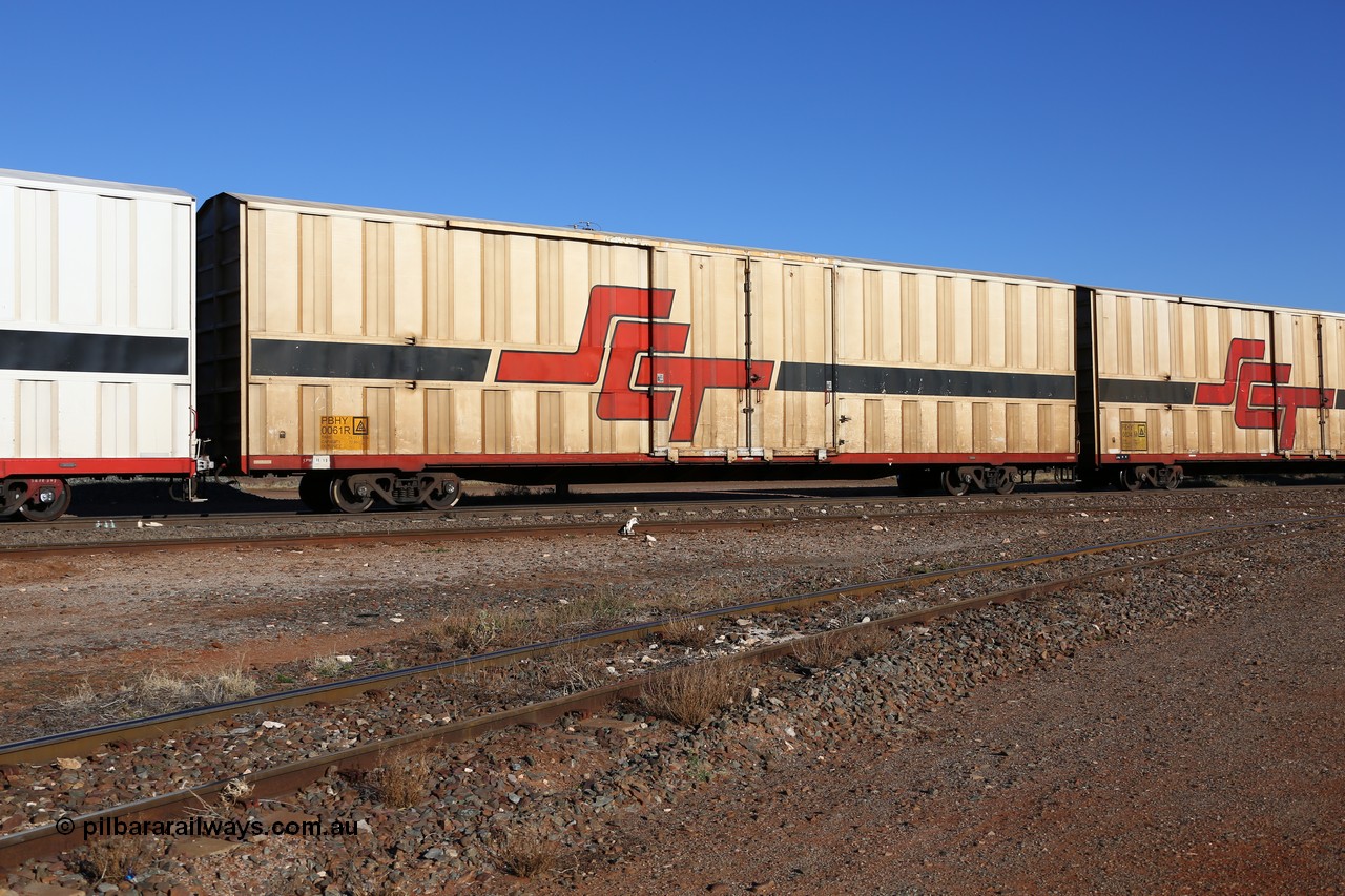 160530 9106
Parkeston, SCT train 1PM9 operates mostly empty from Perth to Melbourne, PBHY type covered van PBHY 0061 Greater Freighter, one of a second batch of thirty units built by Gemco WA without the Greater Freighter signage.
Keywords: PBHY-type;PBHY0061;Gemco-WA;