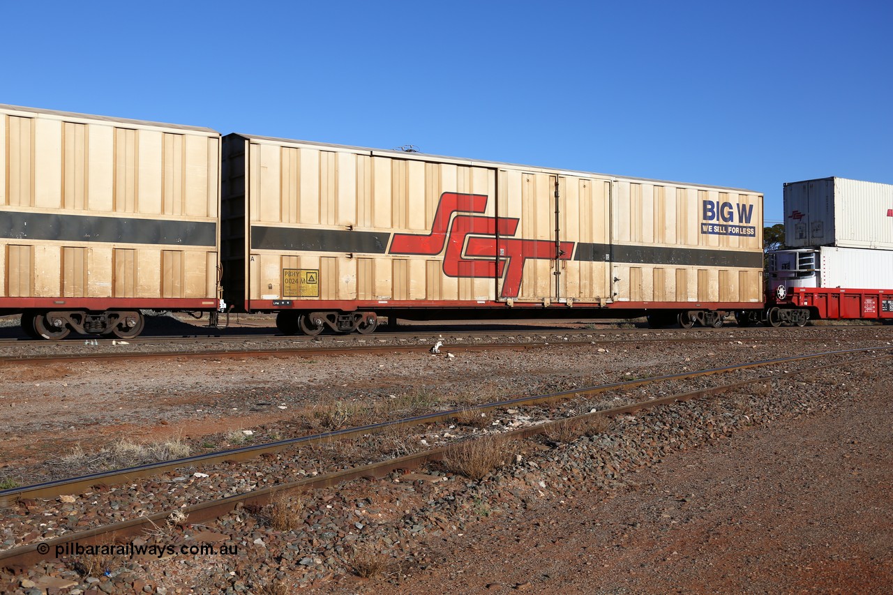 160530 9107
Parkeston, SCT train 1PM9 operates mostly empty from Perth to Melbourne, PBHY type covered van PBHY 0019 Greater Freighter, one of thirty five units built by Gemco WA in 2005 without the Greater Freighter signage but with Big W We Sell For Less logo.
Keywords: PBHY-type;PBHY0019;Gemco-WA;