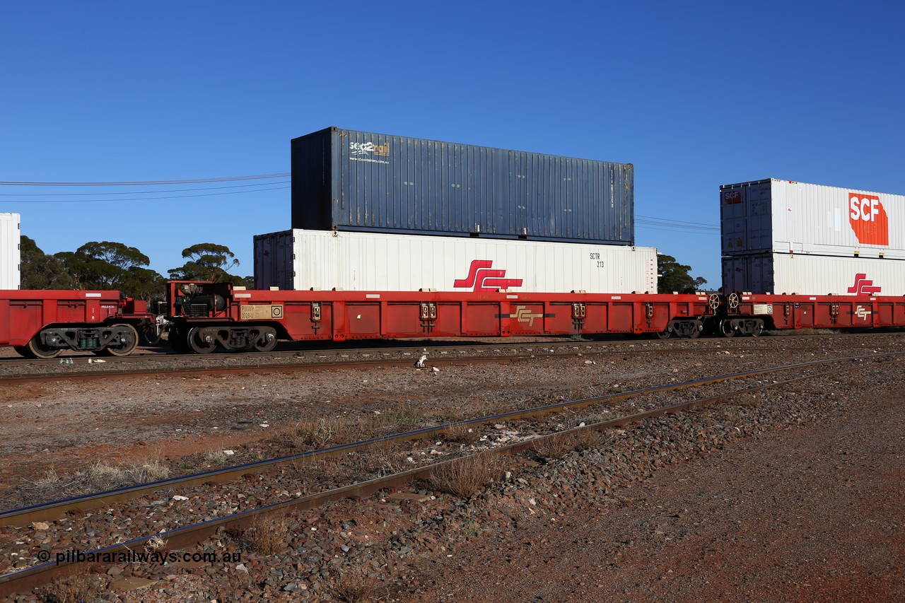 160530 9109
Parkeston, SCT train 1PM9 operates mostly empty from Perth to Melbourne, PWWY type PWWY 0028 one of forty well waggons built by Bradken NSW for SCT, loaded with a 48' SCT reefer SCTR 213 and a 40' 4EG1 type Sea2rail box SCFU 407125.
Keywords: PWWY-type;PWWY0028;Bradken-NSW;