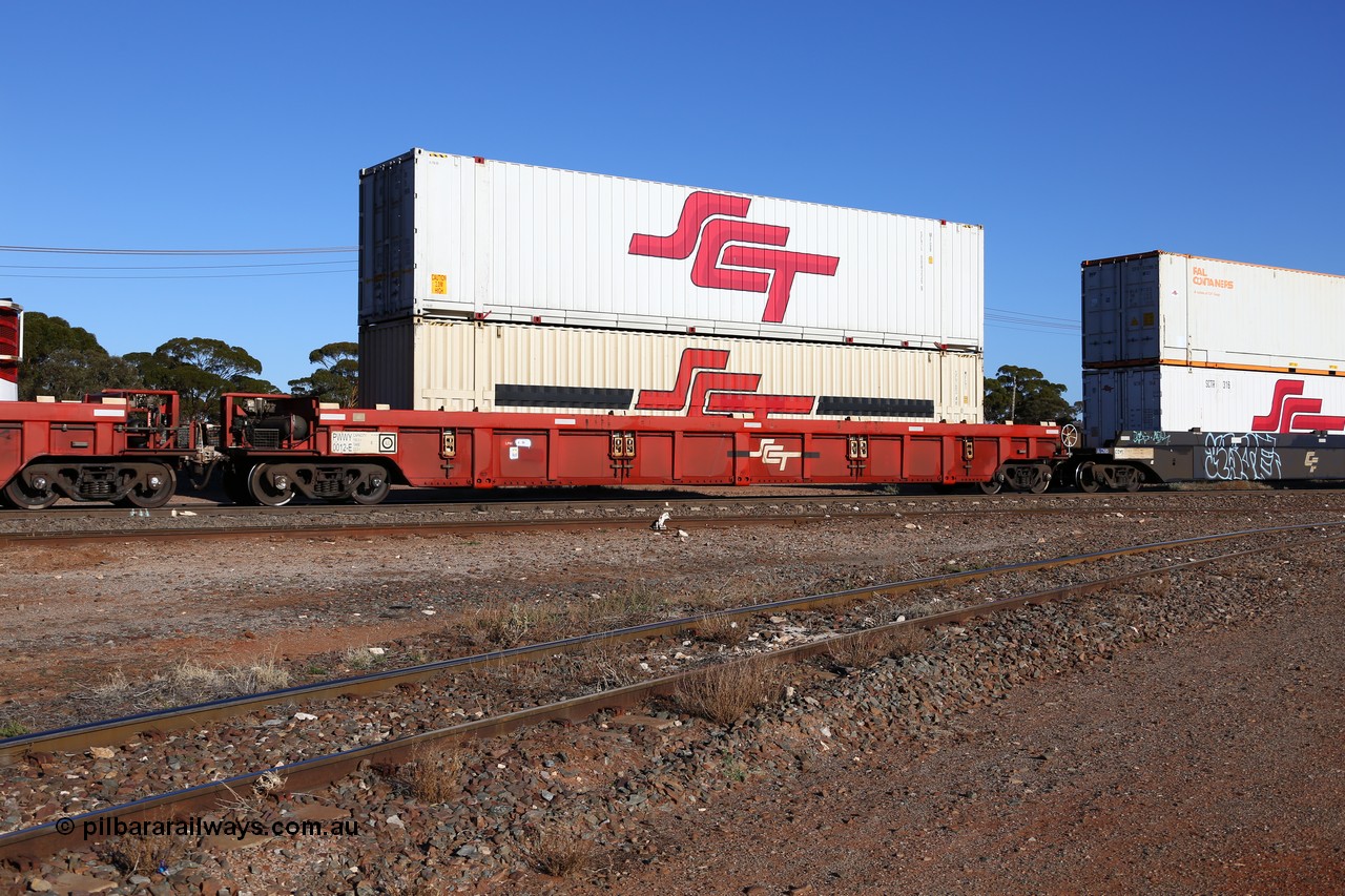 160530 9111
Parkeston, SCT train 1PM9 operates mostly empty from Perth to Melbourne, PWWY type PWWY 0012 one of forty well waggons built by Bradken NSW for SCT, loaded with two 48' SCT boxes an MFG1 type SCTDS 4815 and an MFGB type SCTL 004335.
Keywords: PWWY-type;PWWY0012;Bradken-NSW;