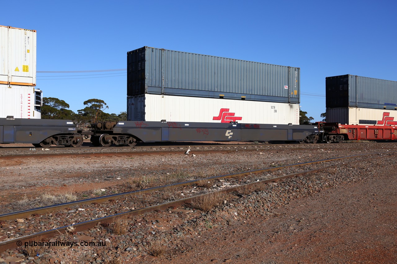 160530 9113
Parkeston, SCT train 1PM9 operates mostly empty from Perth to Melbourne, CFCLA lease CQWY type well waggon set CQWY 5004-2 with a 48' SCT reefer SCTR 208 and a plain blue 48' MFG1 type box SCFU 407049 with SCT decals. The CQWY was built by Bluebird Rail Operations in South Australia in 2008 as a batch of sixty pairs.
Keywords: CQWY-type;CQWY5004;CFCLA;Bluebird-Rail-Operations-SA;