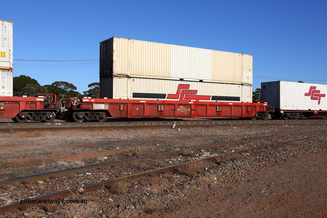 160530 9116
Parkeston, SCT train 1PM9 operates mostly empty from Perth to Melbourne, PWWY type PWWY 0019 one of forty well waggons built by Bradken NSW for SCT, loaded with two 48' MFG1 type boxes, SCTDS 4830 and plain white SCFU 480483.
Keywords: PWWY-type;PWWY0019;Bradken-NSW;