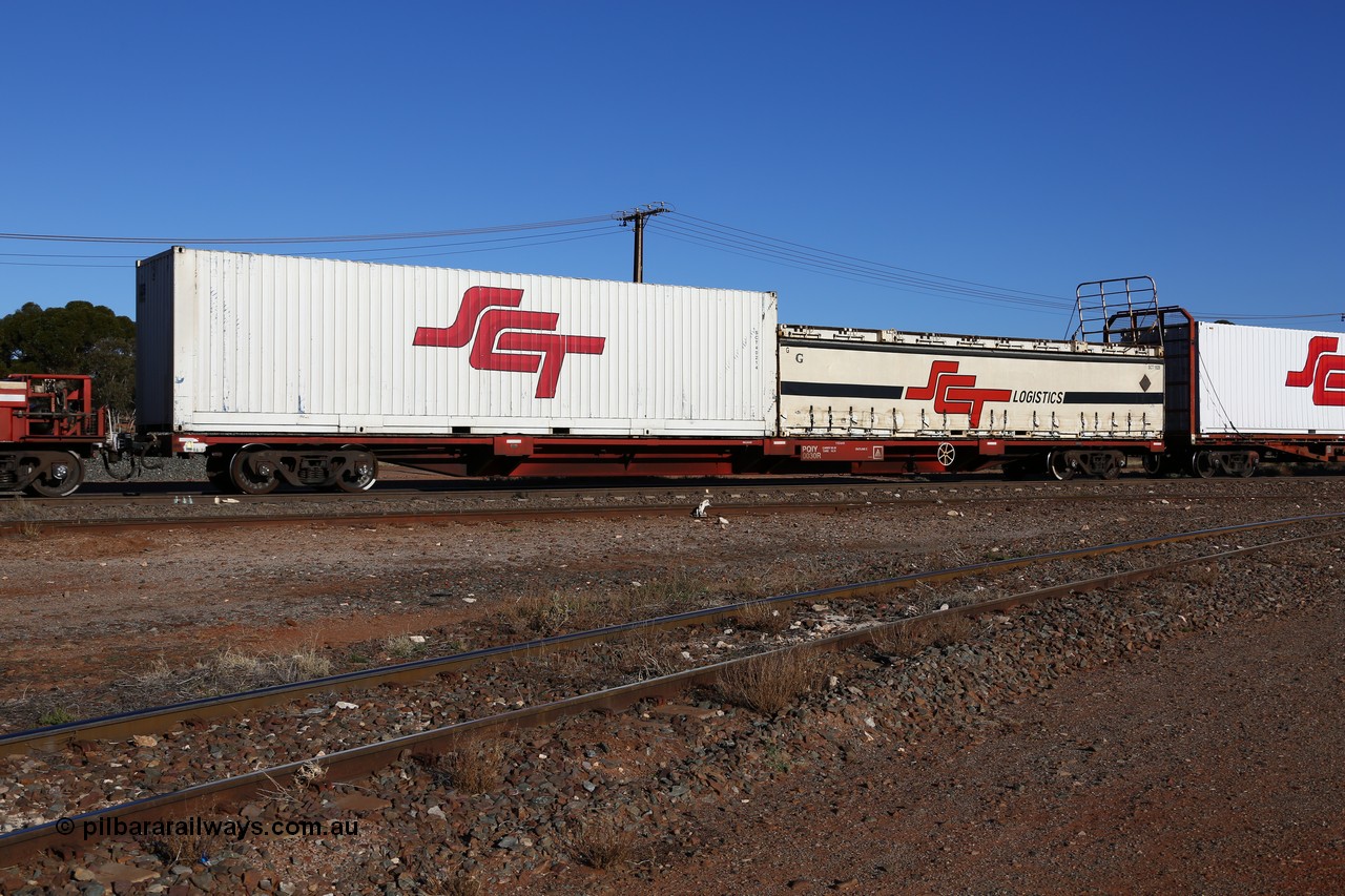 160530 9117
Parkeston, SCT train 1PM9 operates mostly empty from Perth to Melbourne, Gemco WA built PQIY type 80' container flat PQIY 0030 loaded with 40' SCT box SCT 40214, 40' SCT curtainsider SCT 1029 and an empty unidentified white 40' flatrack.
Keywords: PQIY-type;PQIY0030;Gemco-WA;