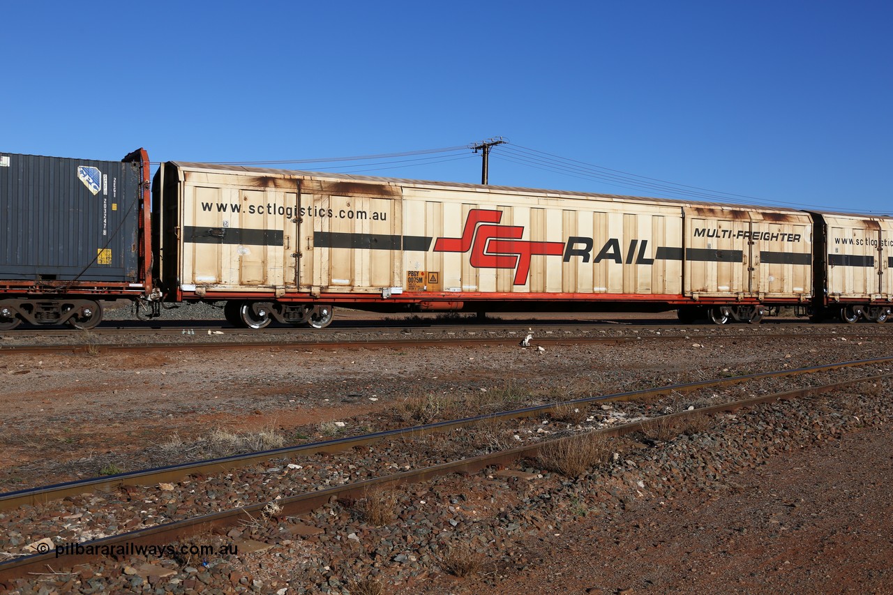 160530 9119
Parkeston, SCT train 1PM9 operates mostly empty from Perth to Melbourne, PBGY type covered van PBGY 0075 Multi-Freighter, one of eighty two waggons built by Queensland Rail Redbank Workshops in 2005.
Keywords: PBGY-type;PBGY0075;Qld-Rail-Redbank-WS;