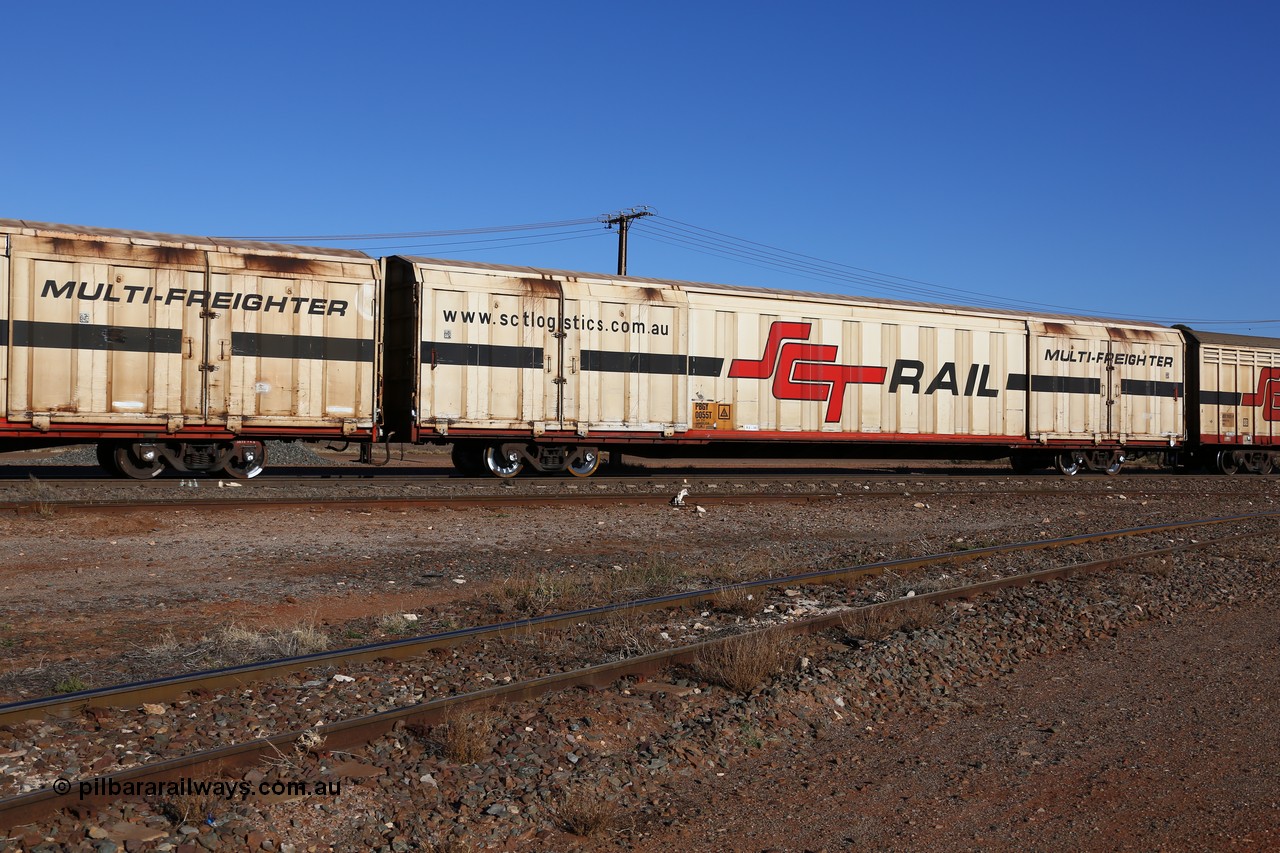 160530 9120
Parkeston, SCT train 1PM9 operates mostly empty from Perth to Melbourne, PBGY type covered van PBGY 0055 Multi-Freighter, one of eighty two waggons built by Queensland Rail Redbank Workshops in 2005.
Keywords: PBGY-type;PBGY0055;Qld-Rail-Redbank-WS;