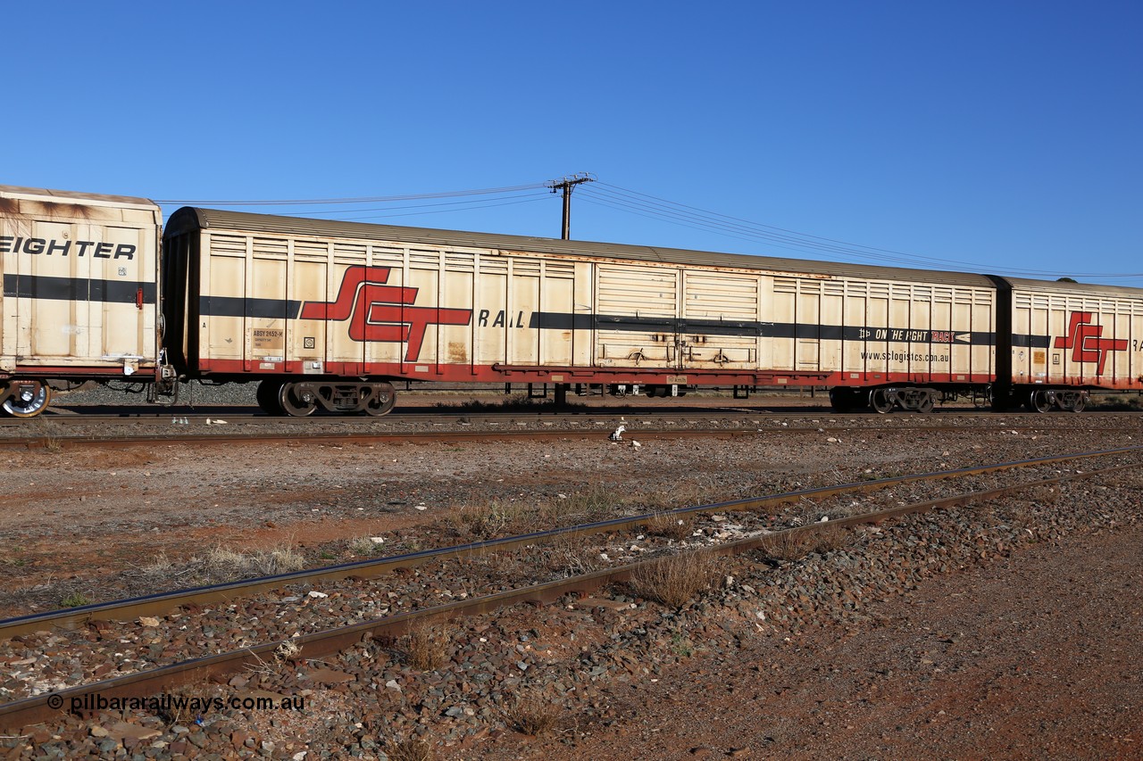 160530 9121
Parkeston, SCT train 1PM9 operates mostly empty from Perth to Melbourne, ABSY type ABSY 2452 covered van, originally built by Mechanical Handling Ltd SA in 1972 for Commonwealth Railways as VFX type recoded to ABFX and then RBFX before being converted by Gemco WA to ABSY type in 2004/05.
Keywords: ABSY-type;ABSY2452;Mechanical-Handling-Ltd-SA;VFX-type;ABFY-type;