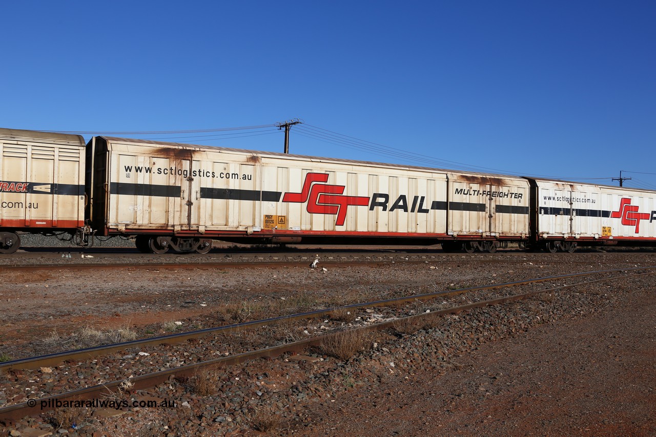 160530 9124
Parkeston, SCT train 1PM9 operates mostly empty from Perth to Melbourne, PBGY type covered van PBGY 0012 Multi-Freighter, one of eighty two waggons built by Queensland Rail Redbank Workshops in 2005.
Keywords: PBGY-type;PBGY0012;Qld-Rail-Redbank-WS;