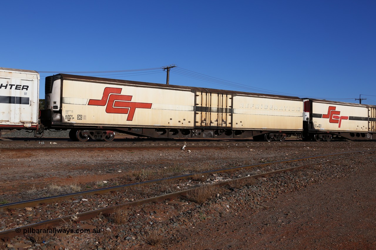 160530 9126
Parkeston, SCT train 1PM9 operates mostly empty from Perth to Melbourne, ARFY type ARFY 2396 refrigerated van with a New Zealand built Fairfax body mounted on an original Commonwealth Railways ROX container waggon built by Perry Engineering SA in 1971, recoded to RQX, AFQX, AQOY, and RQOY before having the Fairfax refrigerated body added circa 1998 for SCT service.
Keywords: ARFY-type;ARFY2396;Fairfax-NZL;Perry-Engineering-SA;ROX-type;AQOY-type;