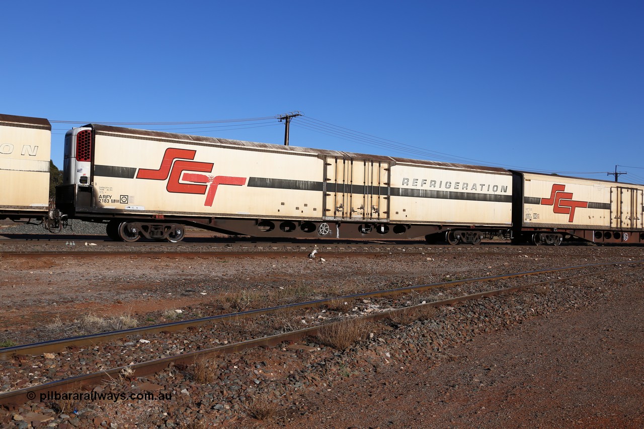 160530 9127
Parkeston, SCT train 1PM9 operates mostly empty from Perth to Melbourne, ARFY type ARFY 2183 refrigerated van with a New Zealand built Fairfax body mounted on an original Commonwealth Railways ROX container waggon built by Comeng Quds in 1970, recoded to RQX, AFQX, AQOX and RQOY before being fitted with the refrigerated body for SCT service circa 1998.
Keywords: ARFY-type;ARFY2183;Fairfax-NZL;Comeng-Qld;ROX-type;AQOX-type;