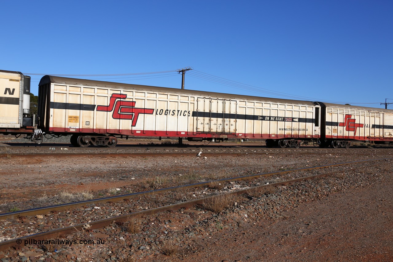 160530 9129
Parkeston, SCT train 1PM9 operates mostly empty from Perth to Melbourne, ARBY type ARBY 2465 refrigerated van, originally built by Mechanical Handling Ltd SA in 1971 as a VFX type covered van for Commonwealth Railways, recoded to ABFX and converted from ABFY by Gemco WA in 2004/05 to ARBY.
Keywords: ARBY-type;ARBY2465;Mechanical-Handling-Ltd-SA;VFX-type;