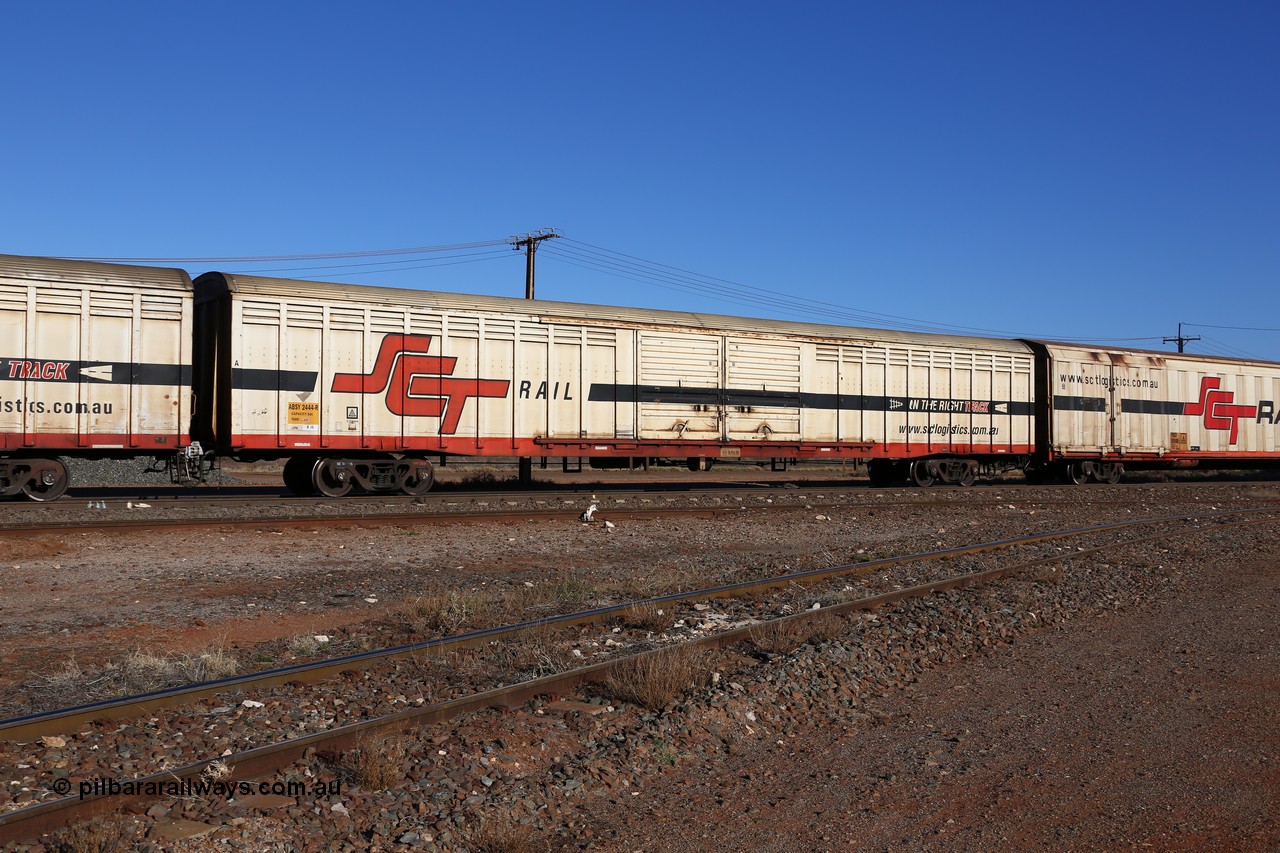 160530 9131
Parkeston, SCT train 1PM9 operates mostly empty from Perth to Melbourne, ABSY type ABSY 2444 covered van, originally built by Mechanical Handling Ltd SA in 1971 for Commonwealth Railways as VFX type recoded to ABFX and then RBFX before being converted from ABFY by Gemco WA to ABSY type in 2004/05.
Keywords: ABSY-type;ABSY2444;Mechanical-Handling-Ltd-SA;VFX-type;ABFY-type;