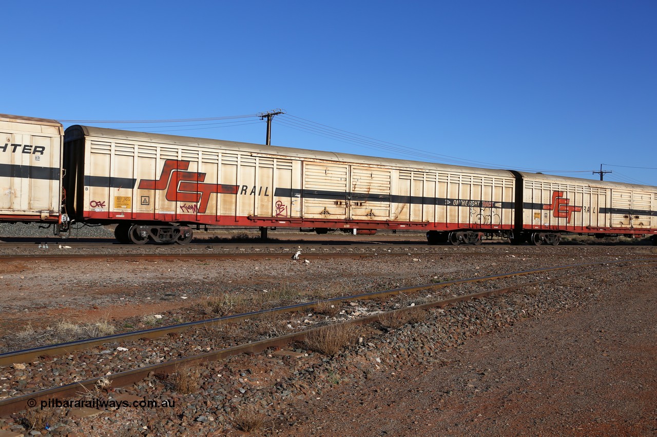 160530 9133
Parkeston, SCT train 1PM9 operates mostly empty from Perth to Melbourne, ABSY type ABSY 2457 covered van, originally built by Mechanical Handling Ltd SA in 1971 for Commonwealth Railways as VFX type recoded to ABFX and then RBFX before being converted from ABFY by Gemco WA to ABSY type in 2004/05.
Keywords: ABSY-type;ABSY2457;Mechanical-Handling-Ltd-SA;VFX-type;ABFY-type;