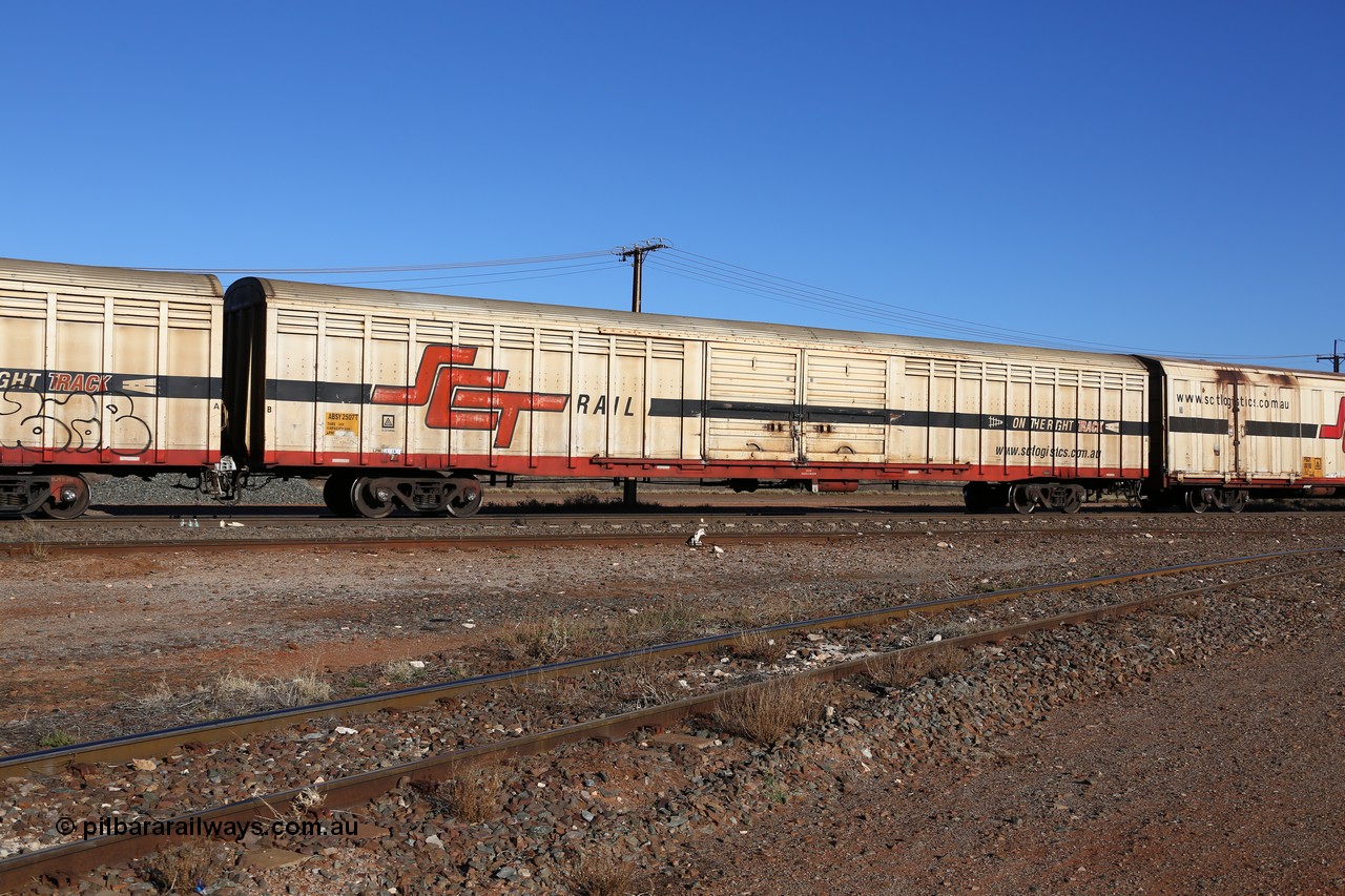 160530 9134
Parkeston, SCT train 1PM9 operates mostly empty from Perth to Melbourne, ABSY type ABSY 2507 covered van, originally built by Mechanical Handling Ltd SA in 1972 for Commonwealth Railways as VFX type recoded to ABFX and then RBFX before being converted from ABFY by Gemco WA to ABSY type in 2004/05.
Keywords: ABSY-type;ABSY2507;Mechanical-Handling-Ltd-SA;VFX-type;ABFY-type;