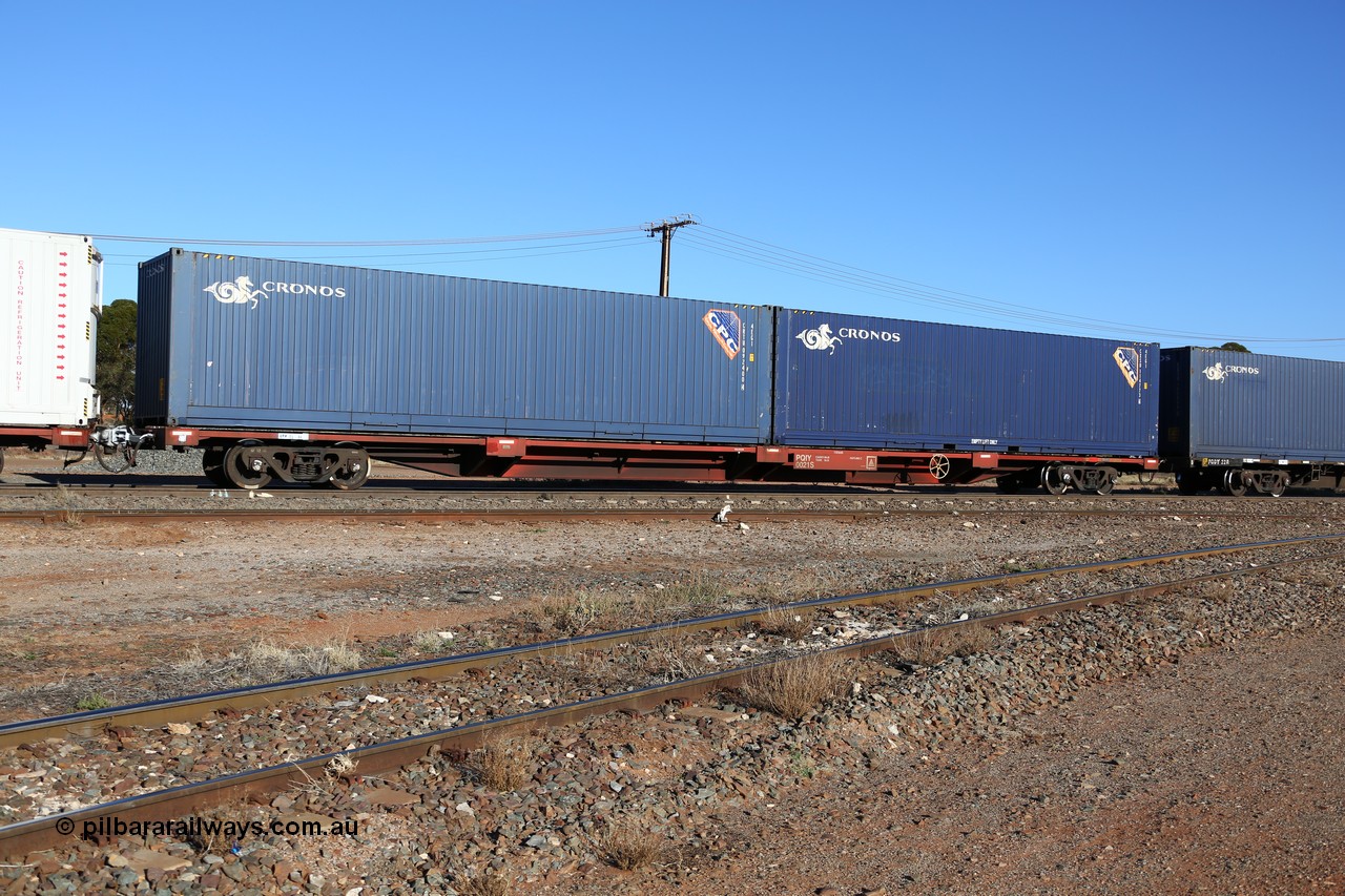 160530 9139
Parkeston, SCT train 1PM9 operates mostly empty from Perth to Melbourne, Gemco WA built PQIY type 80' container flat PQIY 0021 loaded with two 40' 4GE1 type Cronos boxes CRTU 092400 and CXSU 114773.
Keywords: PQIY-type;PQIY0021;Gemco-WA;