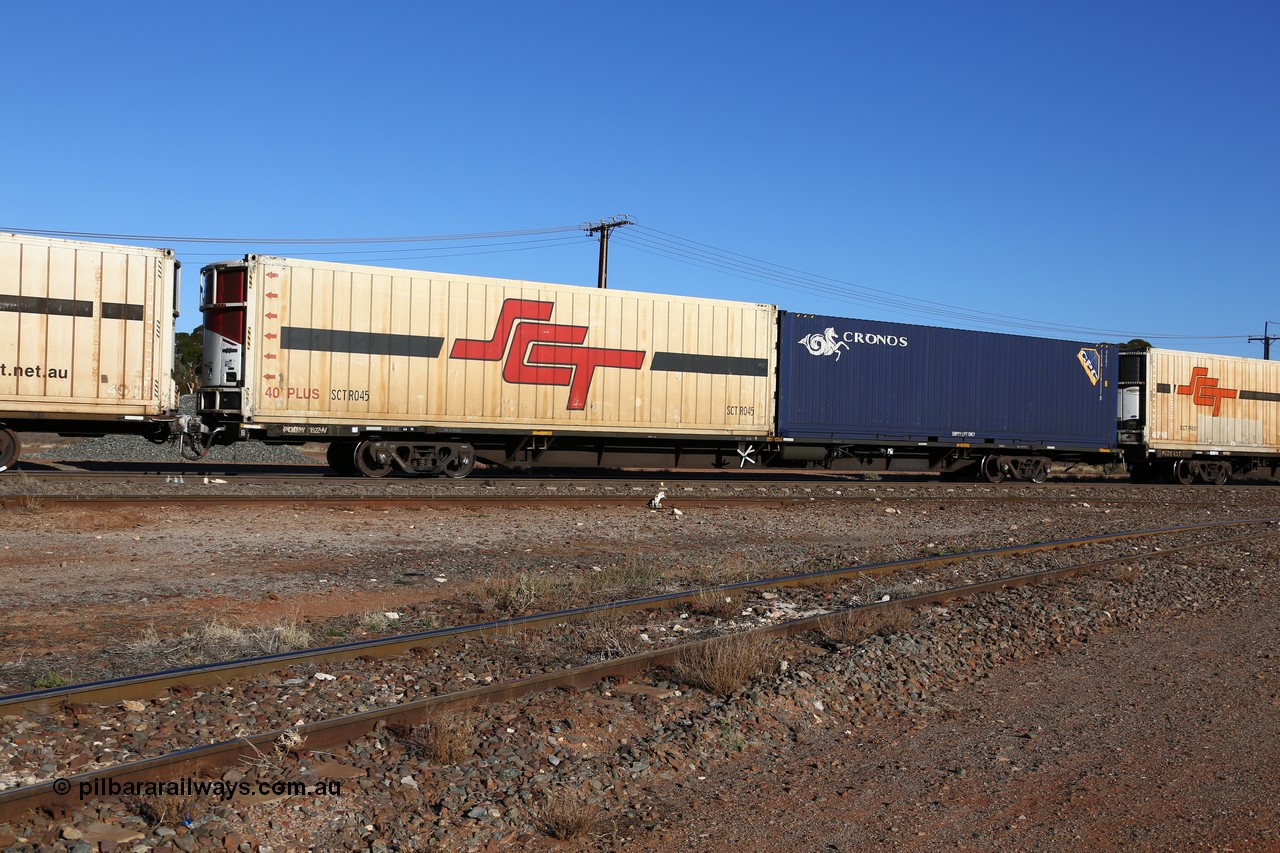 160530 9141
Parkeston, SCT train 1PM9 operates mostly empty from Perth to Melbourne, originally built by Victorian Railways Bendigo Workshops in 1984 as one of fifty VQDW type 'Jumbo' Container Flat waggons built, PQDY 62 still in Freight Australia green livery loaded with an SCT 40' reefer SCTR 045 and an 4EG1 type 40' Cronos box CXSU 120522.
Keywords: PQDY-type;PQDY62;Victorian-Railways-Bendigo-WS;VQDW-type;