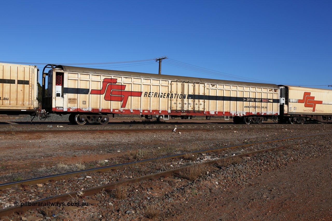 160530 9143
Parkeston, SCT train 1PM9 operates mostly empty from Perth to Melbourne, ARBY type ARBY 4423 refrigerated van, originally built by Comeng WA in 1977 as a VFX type covered van for Commonwealth Railways, recoded to ABFX and converted from ABFY by Gemco WA in 2004/05 to ARBY.
Keywords: ARBY-type;ARBY4423;Comeng-WA;VFX-type;