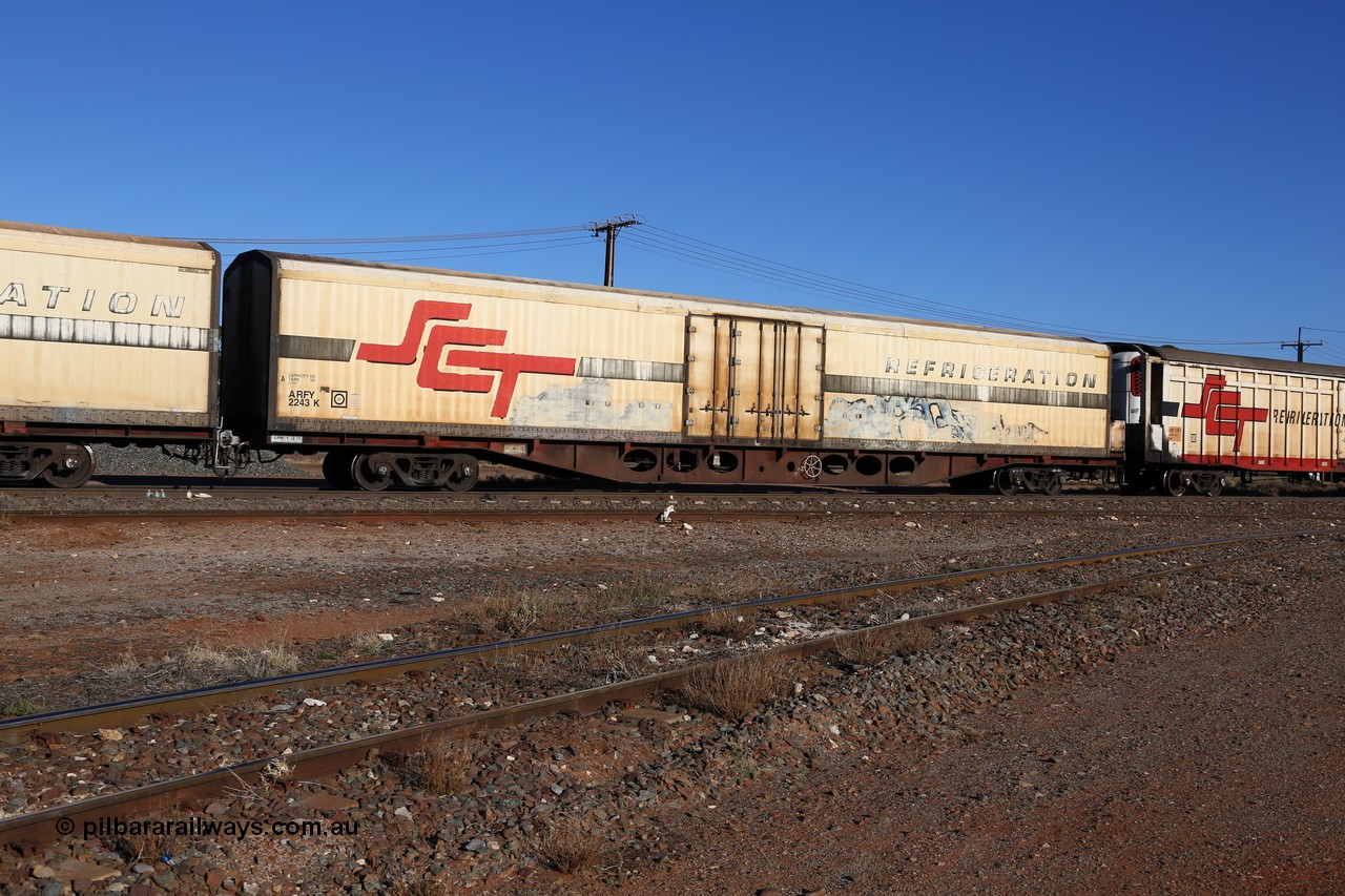 160530 9145
Parkeston, SCT train 1PM9 operates mostly empty from Perth to Melbourne, ARFY type ARFY 2243 refrigerated van with a Ballarat built Maxi-CUBE body mounted on an original Commonwealth Railways ROX container waggon built by Comeng Victoria in 1971, recoded to ROX, RQX, AFQX, AQOY and RQOY before having the Maxi-CUBE refrigerated body added circa 1998 for SCT service.
Keywords: ARFY-type;ARFY2243;Maxi-Cube;Comeng-Vic;ROX-type;AQOX-type;