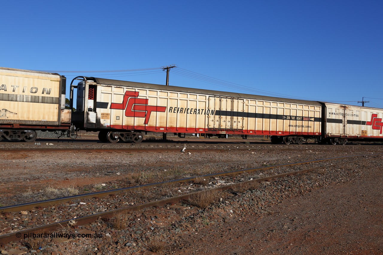 160530 9146
Parkeston, SCT train 1PM9 operates mostly empty from Perth to Melbourne, ARBY type ARBY 2659 refrigerated van, originally built by Comeng NSW in 1973 as a VFX type covered van for Commonwealth Railways, recoded to ABFX, RBFX and finally converted from ABFY by Gemco WA in 2004/05 to ARBY.
Keywords: ARBY-type;ARBY2659;Comeng-NSW;VFX-type;