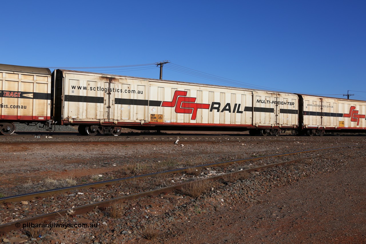 160530 9147
Parkeston, SCT train 1PM9 operates mostly empty from Perth to Melbourne, PBGY type covered van PBGY 0038 Multi-Freighter, one of eighty two waggons built by Queensland Rail Redbank Workshops in 2005.
Keywords: PBGY-type;PBGY0038;Qld-Rail-Redbank-WS;