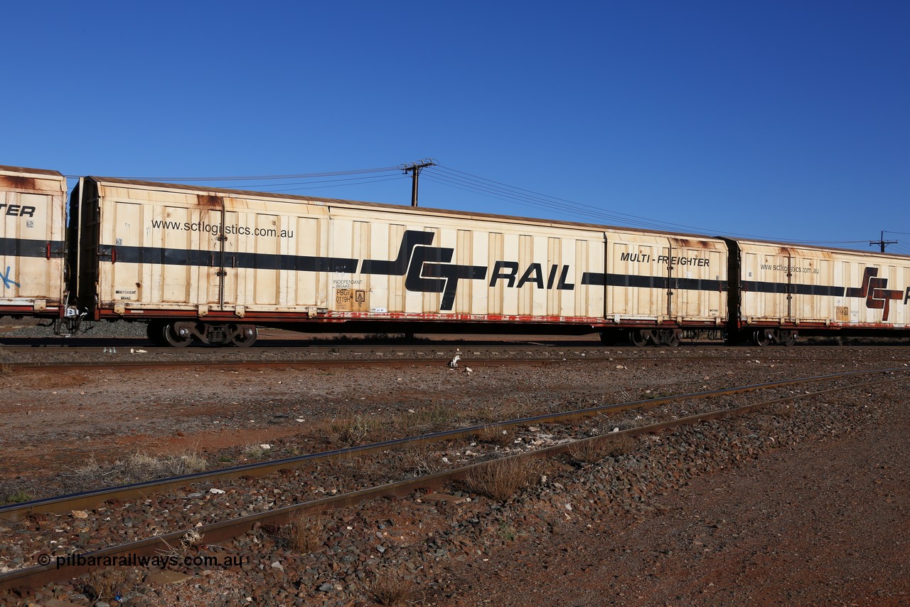 160530 9149
Parkeston, SCT train 1PM9 operates mostly empty from Perth to Melbourne, PBGY type covered van PBGY 0119 Multi-Freighter, one of eighty units built by Gemco WA, with Independent Brake signage.
Keywords: PBGY-type;PBGY0119;Gemco-WA;