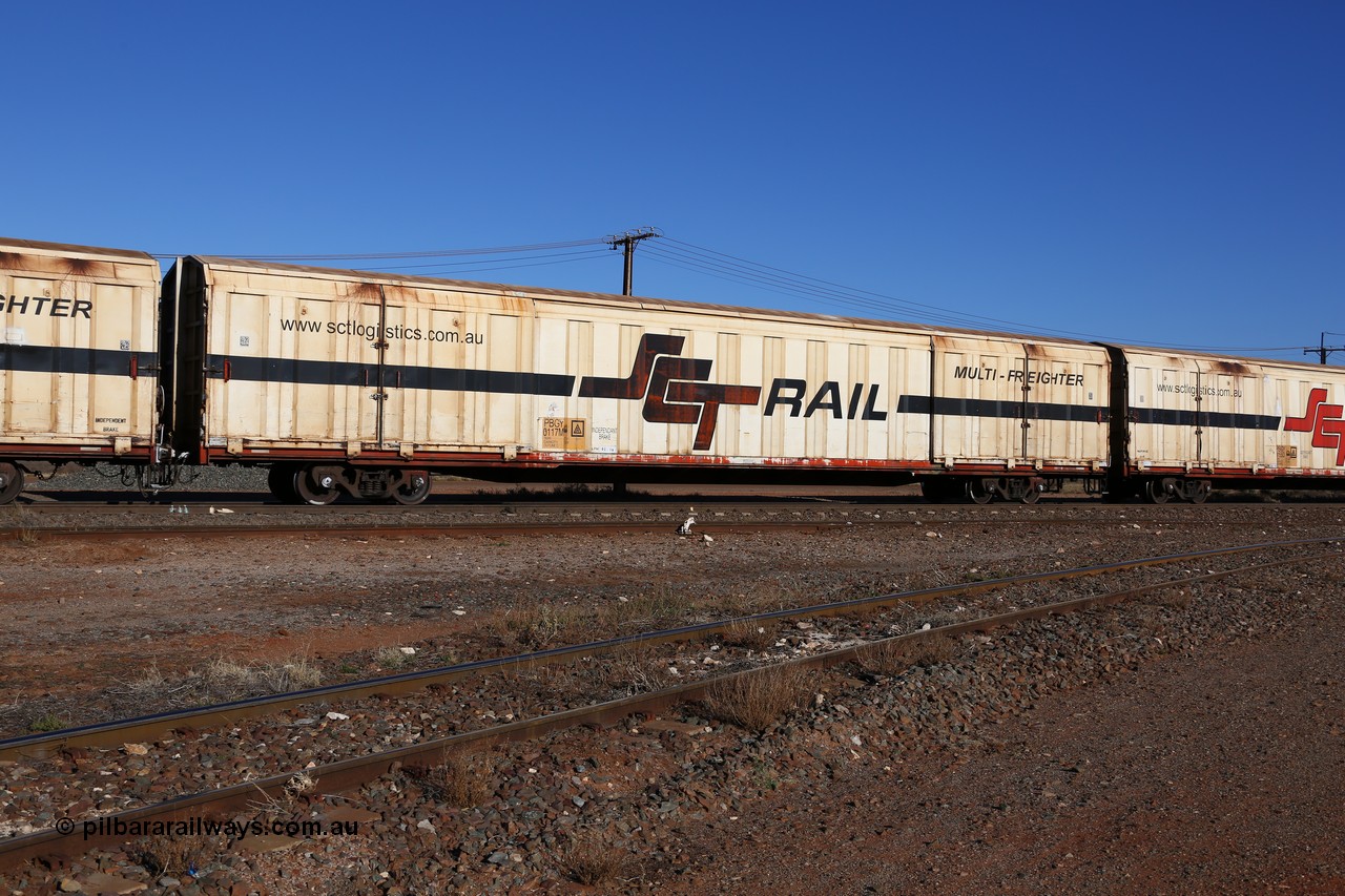 160530 9150
Parkeston, SCT train 1PM9 operates mostly empty from Perth to Melbourne, PBGY type covered van PBGY 0117 Multi-Freighter, one of eighty units built by Gemco WA, with Independent Brake signage.
Keywords: PBGY-type;PBGY0117;Gemco-WA;