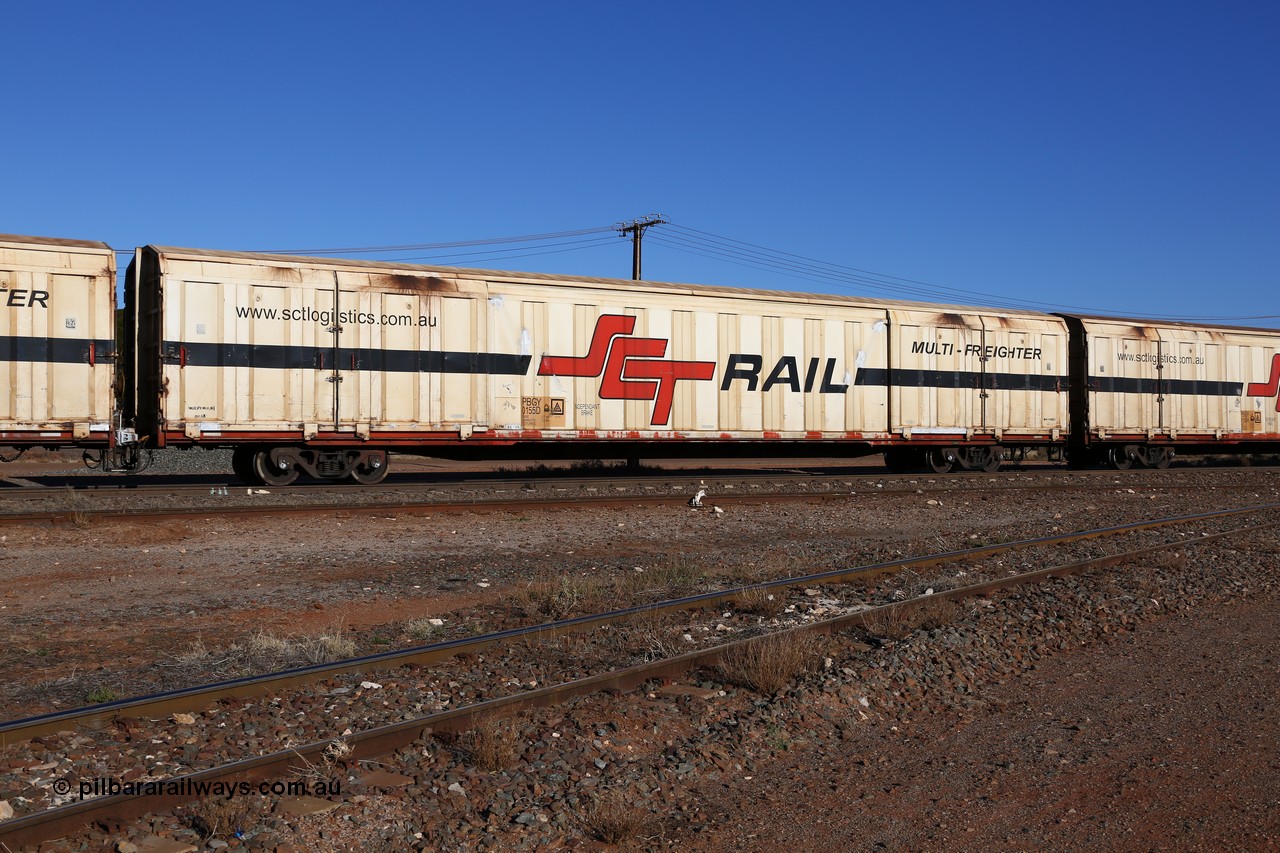 160530 9151
Parkeston, SCT train 1PM9 operates mostly empty from Perth to Melbourne, PBGY type covered van PBGY 0155 Multi-Freighter, one of eighty units built by Gemco WA, with Independent Brake signage.
Keywords: PBGY-type;PBGY0155;Gemco-WA;