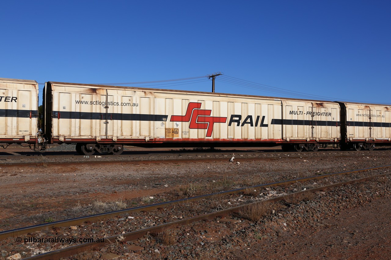 160530 9152
Parkeston, SCT train 1PM9 operates mostly empty from Perth to Melbourne, PBGY type covered van PBGY 0158 Multi-Freighter, one of eighty units built by Gemco WA, with Independent Brake signage.
Keywords: PBGY-type;PBGY0158;Gemco-WA;