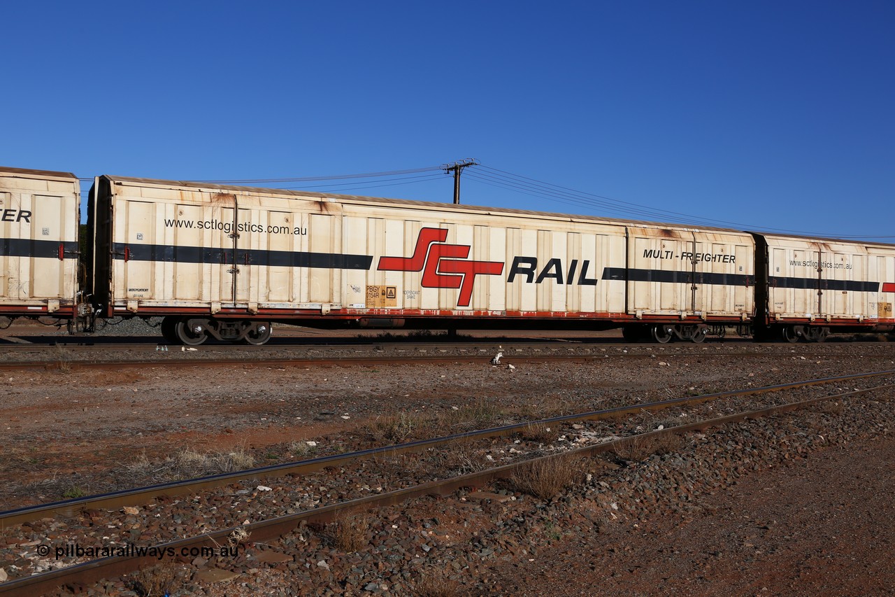 160530 9153
Parkeston, SCT train 1PM9 operates mostly empty from Perth to Melbourne, PBGY type covered van PBGY 0154 Multi-Freighter, one of eighty units built by Gemco WA, with Independent Brake signage.
Keywords: PBGY-type;PBGY0154;Gemco-WA;