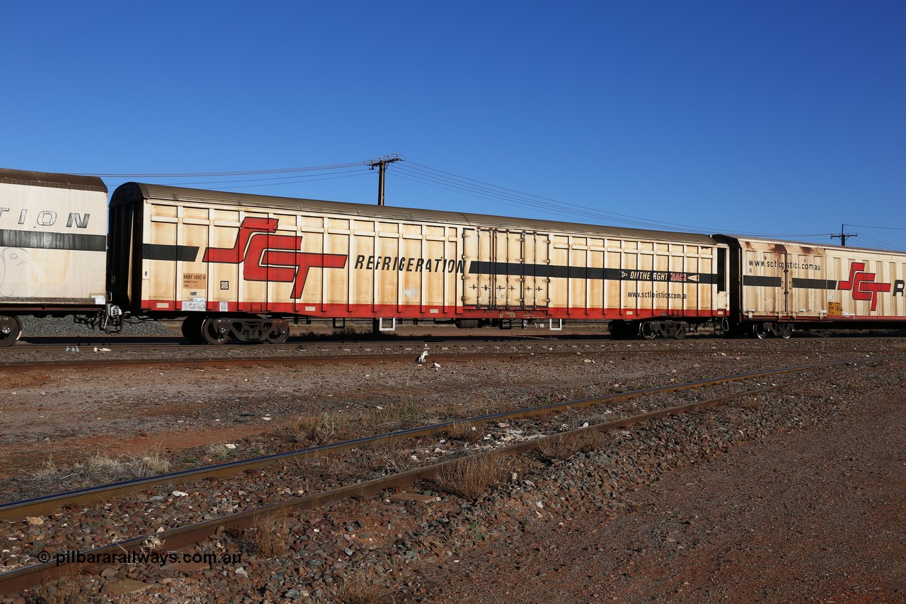 160530 9156
Parkeston, SCT train 1PM9 operates mostly empty from Perth to Melbourne, ARBY type ARBY 2682 refrigerated van, originally built by Comeng NSW in 1973 as a VFX type covered van for Commonwealth Railways, recoded to ABFX, RBFX and finally converted from ABFY by Gemco WA in 2004/05 to ARBY.
Keywords: ARBY-type;ARBY2682;Comeng-NSW;VFX-type;ABFY-type;