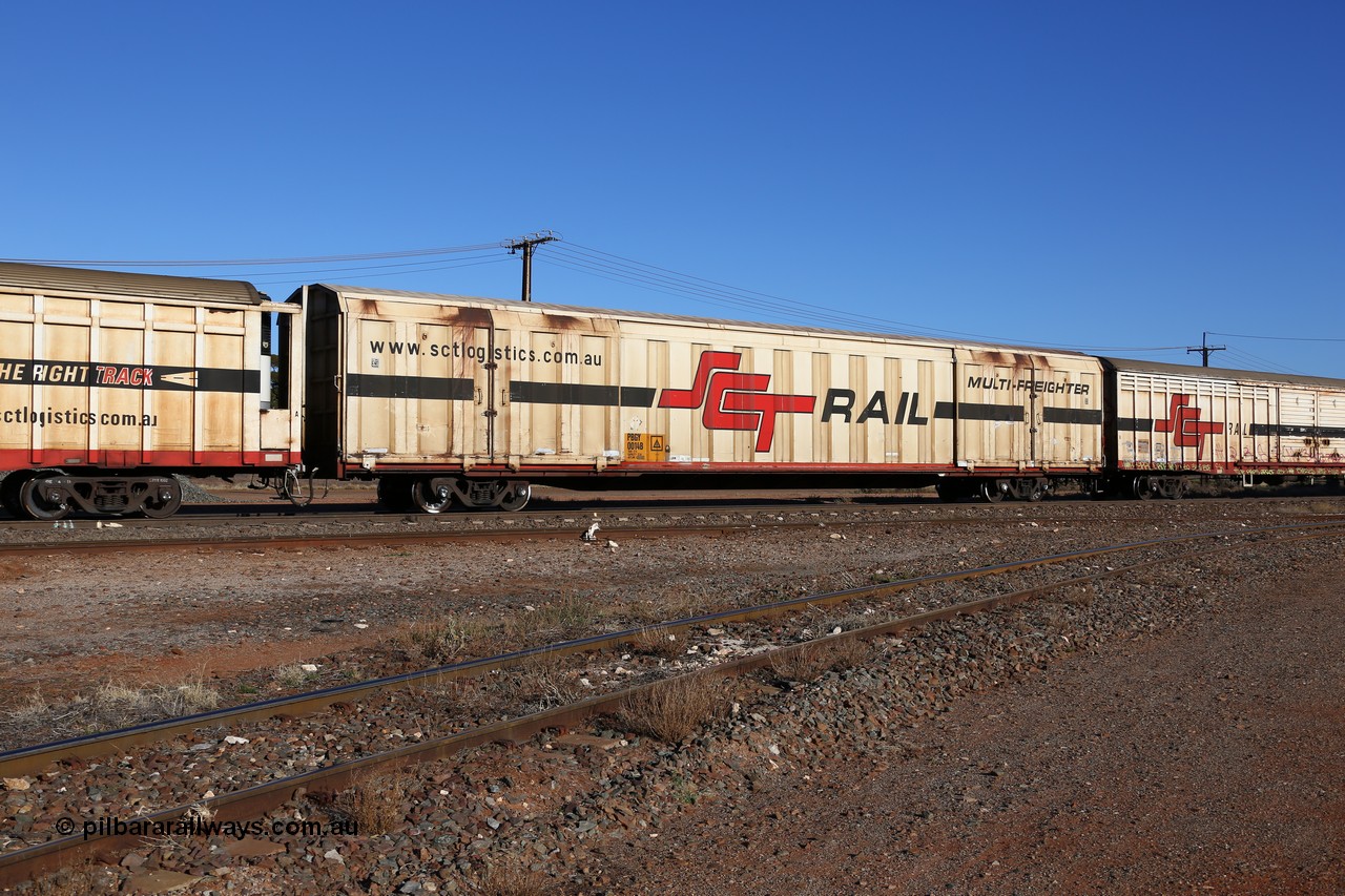 160530 9157
Parkeston, SCT train 1PM9 operates mostly empty from Perth to Melbourne, PBGY type covered van PBGY 0014 Multi-Freighter, one of eighty two waggons built by Queensland Rail Redbank Workshops in 2005.
Keywords: PBGY-type;PBGY0014;Qld-Rail-Redbank-WS;