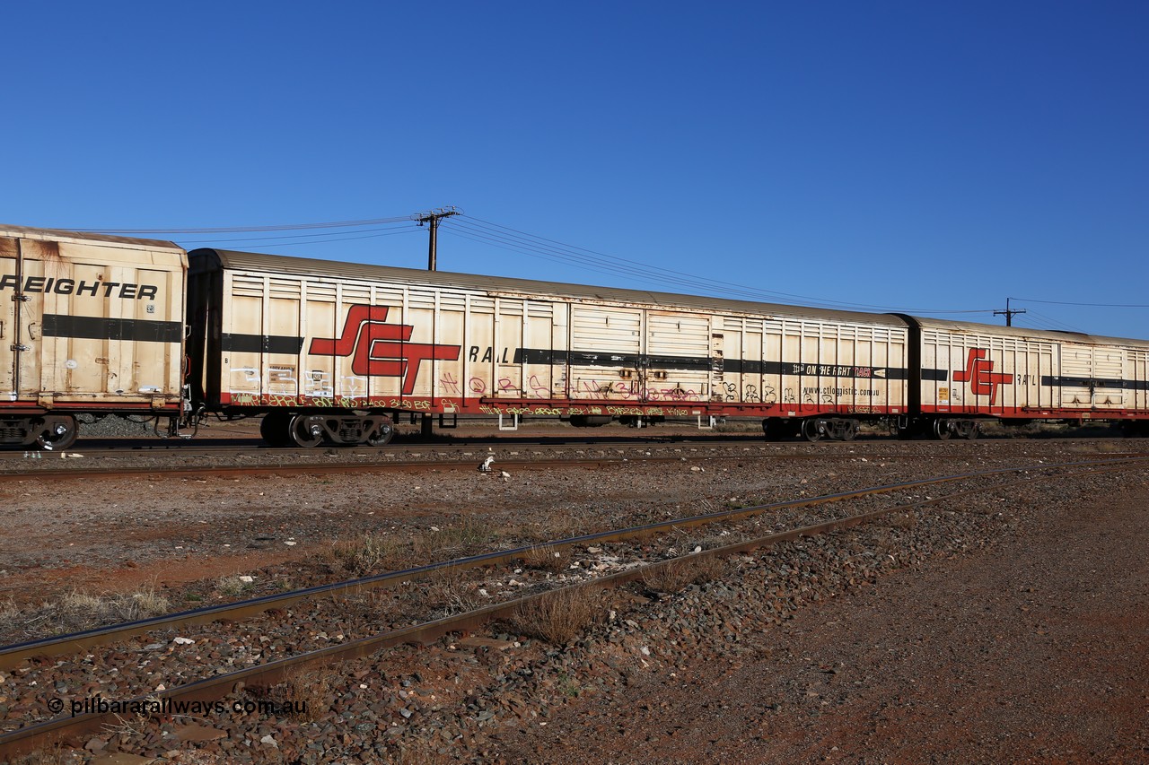 160530 9158
Parkeston, SCT train 1PM9 operates mostly empty from Perth to Melbourne, ABSY type van ABSY 4499, one of a batch of fifty made by Comeng WA as VFX type 75' covered vans 1977, recoded to ABFX type, seen here with the silver corrugated roof fitted when Gemco WA upgraded it to ABSY type.
Keywords: ABSY-type;ABSY4499;Comeng-WA;VFX-type;ABFX-type;