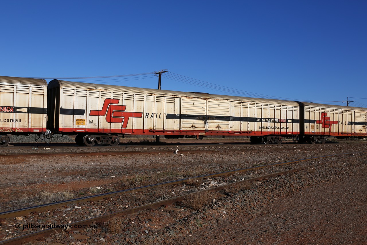 160530 9159
Parkeston, SCT train 1PM9 operates mostly empty from Perth to Melbourne, ABSY type ABSY 2792 covered van, originally built by Carmor Engineering SA in 1976 as a VFX type covered van for Commonwealth Railways, recoded to ABFX and converted from ABFY by Gemco WA in 2004/05 to ABSY.
Keywords: ABSY-type;ABSY2792;Carmor-Engineering-SA;VFX-type;ABFY-type;