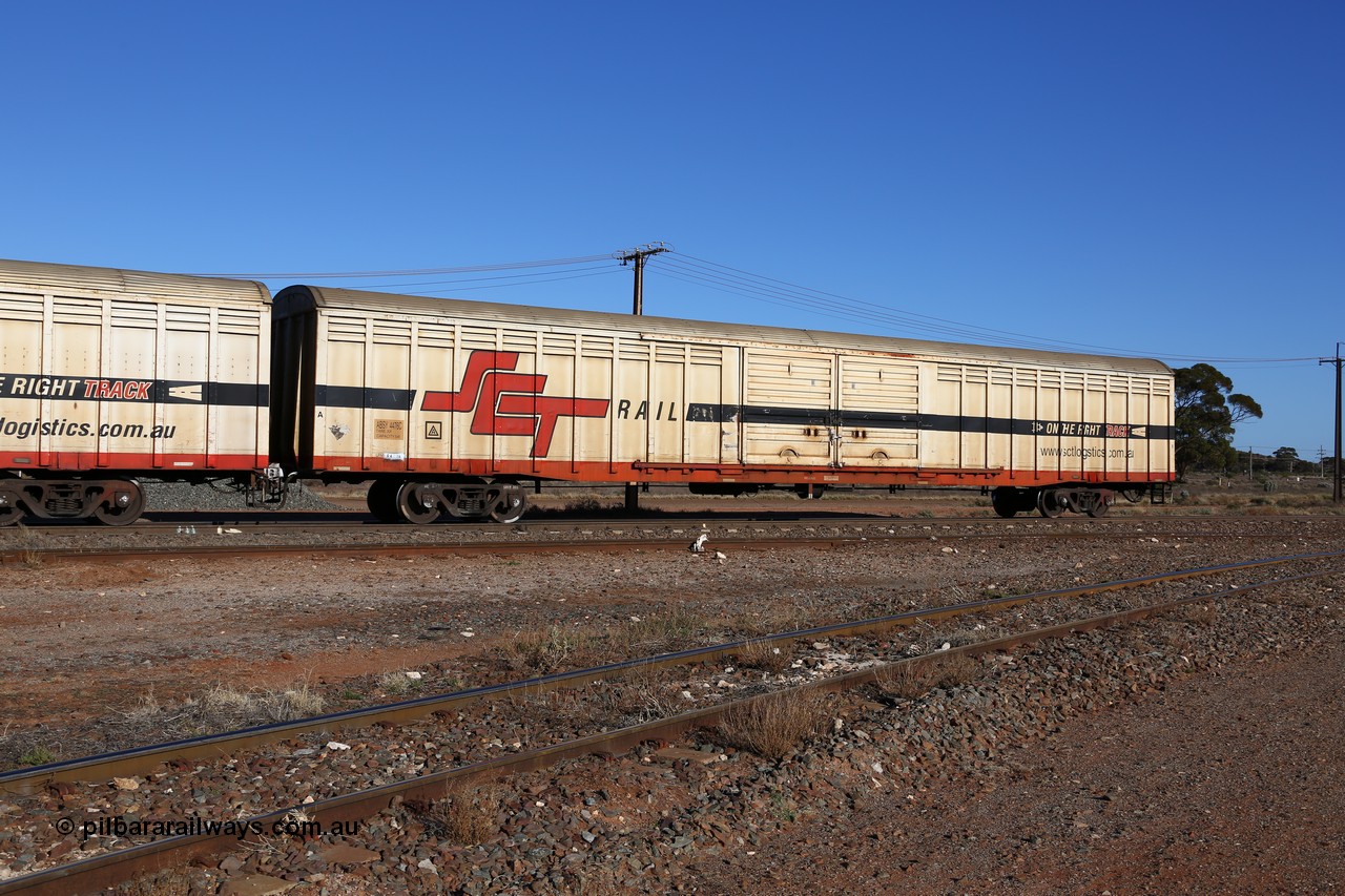 160530 9160
Parkeston, SCT train 1PM9 operates mostly empty from Perth to Melbourne, ABSY type van ABSY 4476, one of a batch of fifty made by Comeng WA as VFX type 75' covered vans 1977, recoded to ABFX type, seen here with the silver corrugated roof fitted when Gemco WA upgraded it to ABSY type.
Keywords: ABSY-type;ABSY4476;Comeng-WA;VFX-type;ABFX-type;