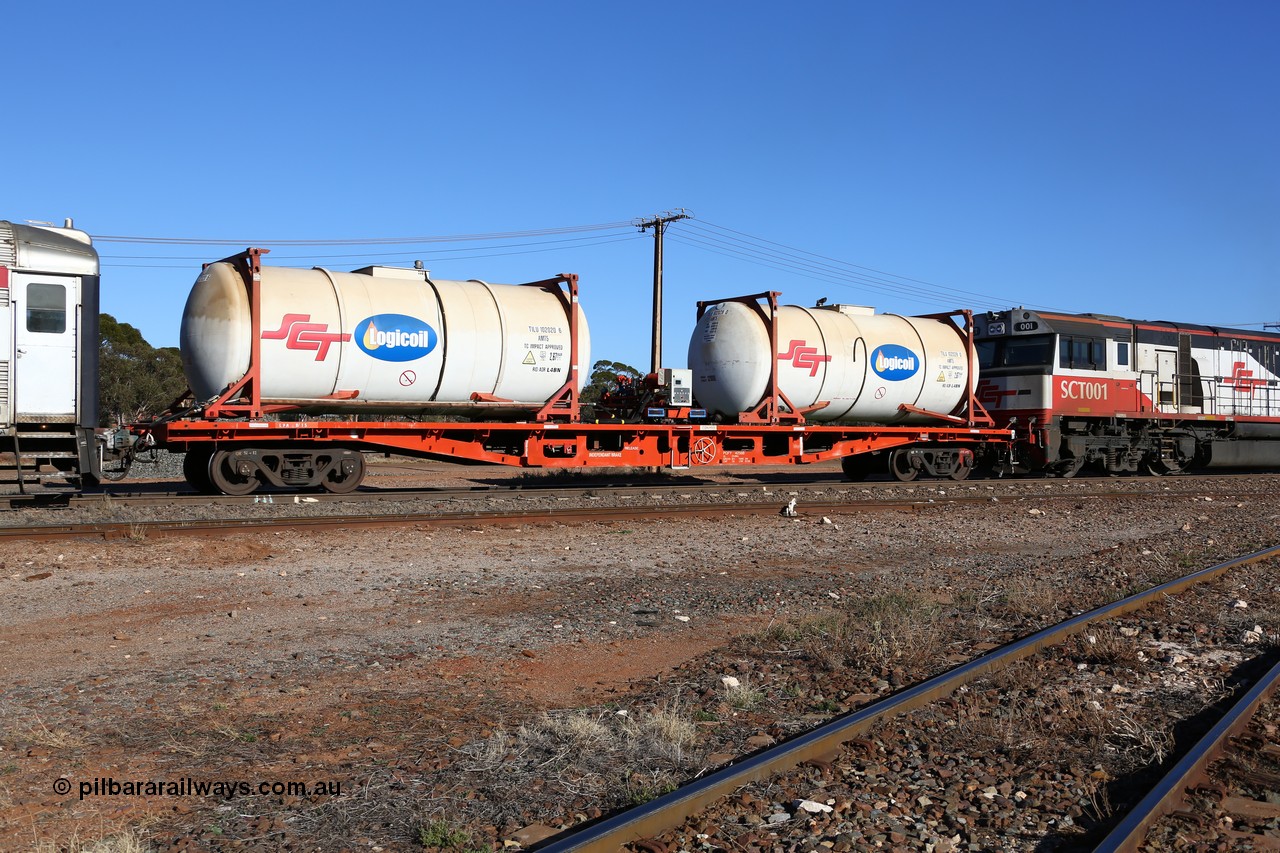 160530 9169
Parkeston, SCT train 7GP1 which operates from Parkes NSW (Goobang Junction) to Perth, SCT inline refuelling waggon PQFY type PQFY 4256 with SCT - Logicoil AMT5 type tank-tainers TILU 102028 and TILU 102020, originally built by Perry Engineering SA in 1975 for Commonwealth Railways as an RMX type container flat, recoded to AQMX, AQMY and to RQMY.
Keywords: PQFY-type;PQFY4256;Perry-Engineering-SA;RMX-type;