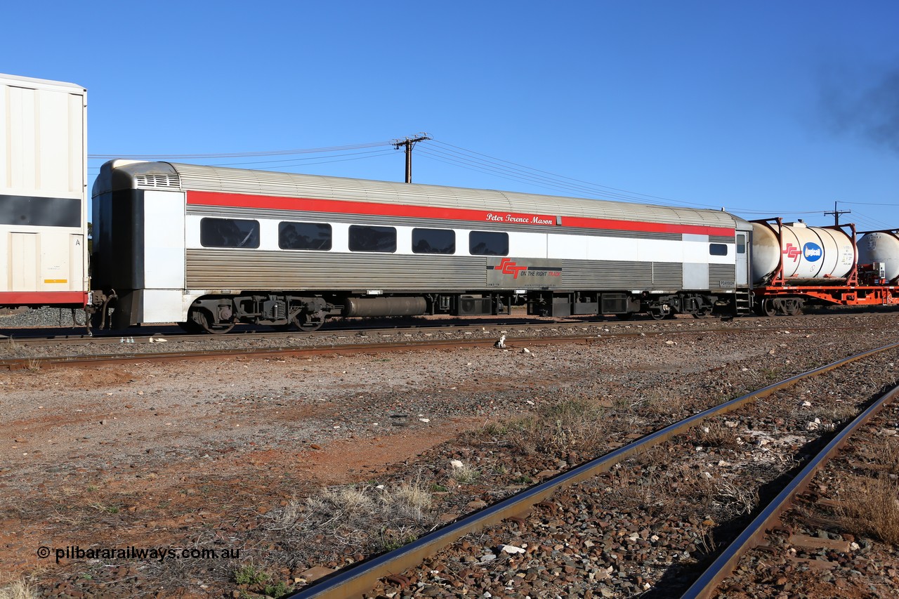 160530 9170
Parkeston, SCT train 7GP1 which operates from Parkes NSW (Goobang Junction) to Perth, SCT crew accommodation coach PDAY 002 'Peter Terence Mason' converted from former Bluebird 250 class power car #260 'Corella' originally built by SAR Islington Workshops in 1959 and seated 56 second class passengers, converted to crew car in 2005.
Keywords: PDAY-type;PDAY002;SAR-Islington-WS;Bluebird;250-class;