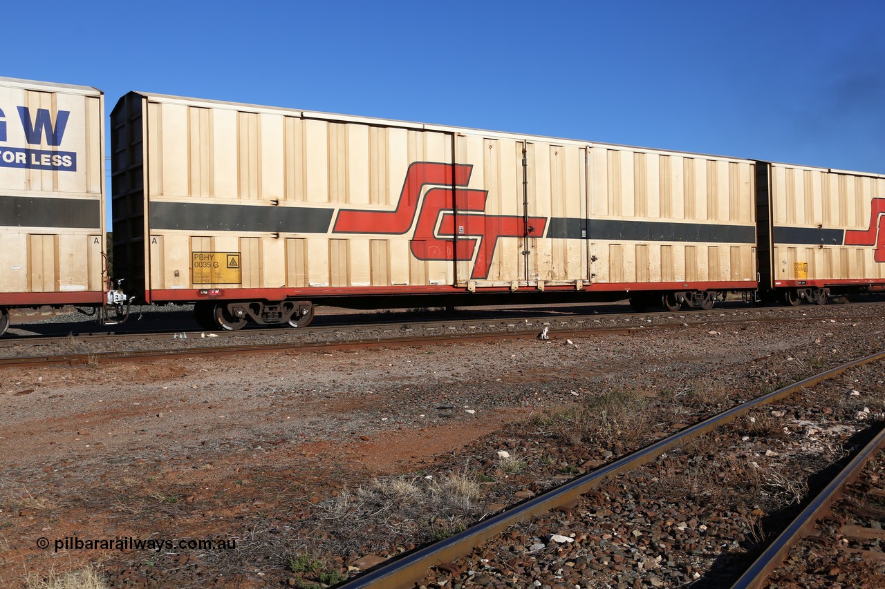 160530 9173
Parkeston, SCT train 7GP1 which operates from Parkes NSW (Goobang Junction) to Perth, PBHY type covered van PBHY 0035 Greater Freighter, final unit of thirty five units built by Gemco WA in 2005 without the Greater Freighter signage.
Keywords: PBHY-type;PBHY0035;Gemco-WA;