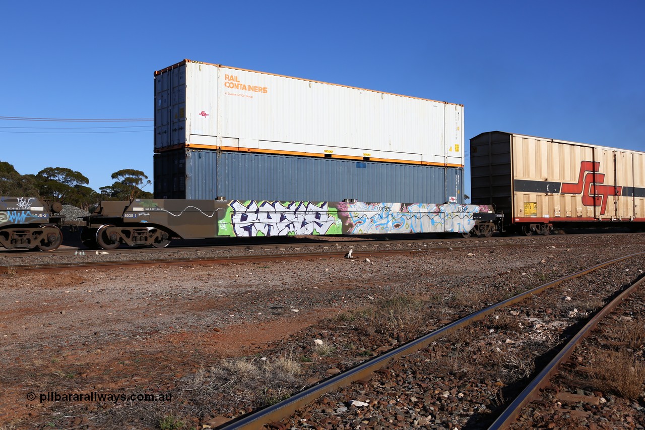 160530 9178
Parkeston, SCT train 7GP1 which operates from Parkes NSW (Goobang Junction) to Perth, CFCLA lease CQWY type well waggon set CQWY 5038-1 with two 48' MFG1 type boxes, plain blue SCFU 407030 and Rail Containers SCFU 912414 both with SCT decals. The CQWY was built by Bluebird Rail Operations in South Australia in 2008 as a batch of sixty pairs.
Keywords: CQWY-type;CQWY5038;CFCLA;Bluebird-Rail-Operations-SA;