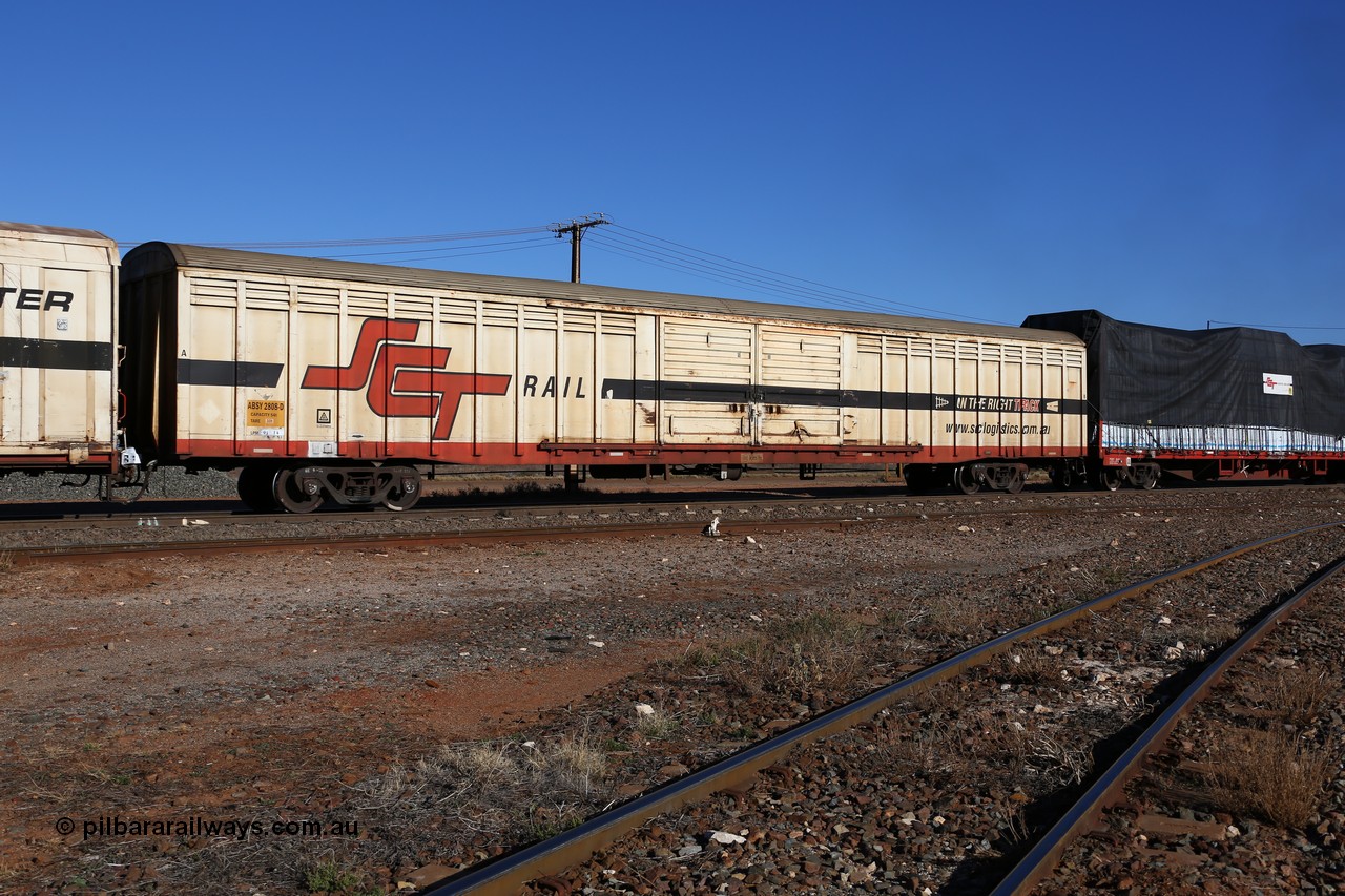 160530 9182
Parkeston, SCT train 7GP1 which operates from Parkes NSW (Goobang Junction) to Perth, ABSY type ABSY 2808 covered van, originally built by Carmor Engineering SA in 1976 as a VFX type covered van for Commonwealth Railways, recoded to ABFX and converted from ABFY by Gemco WA in 2004/05 to ABSY.
Keywords: ABSY-type;ABSY2808;Carmor-Engineering-SA;VFX-type;ABFY-type;