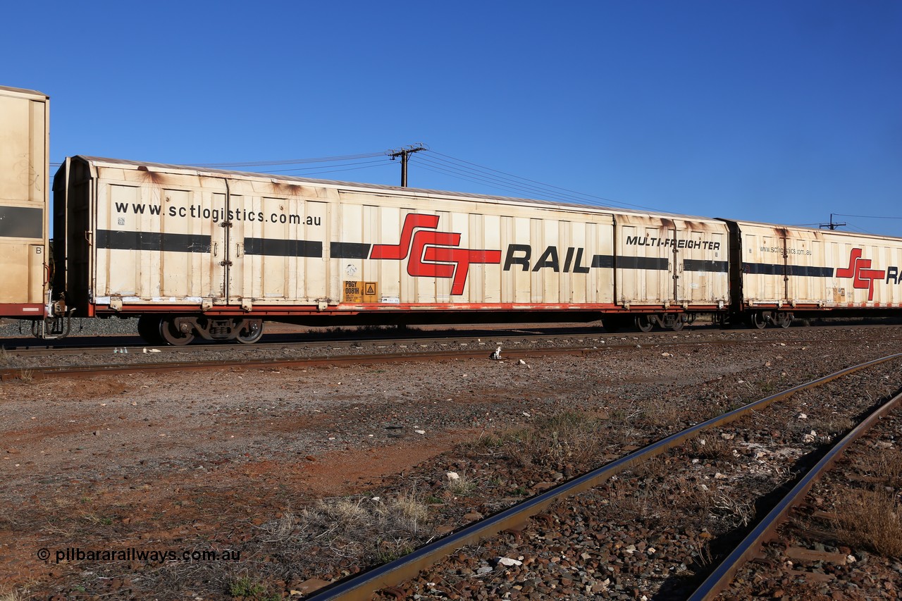 160530 9186
Parkeston, SCT train 7GP1 which operates from Parkes NSW (Goobang Junction) to Perth, PBGY type covered van PBGY 0081 Multi-Freighter, one of eighty two waggons built by Queensland Rail Redbank Workshops in 2005.
Keywords: PBGY-type;PBGY0081;Qld-Rail-Redbank-WS;