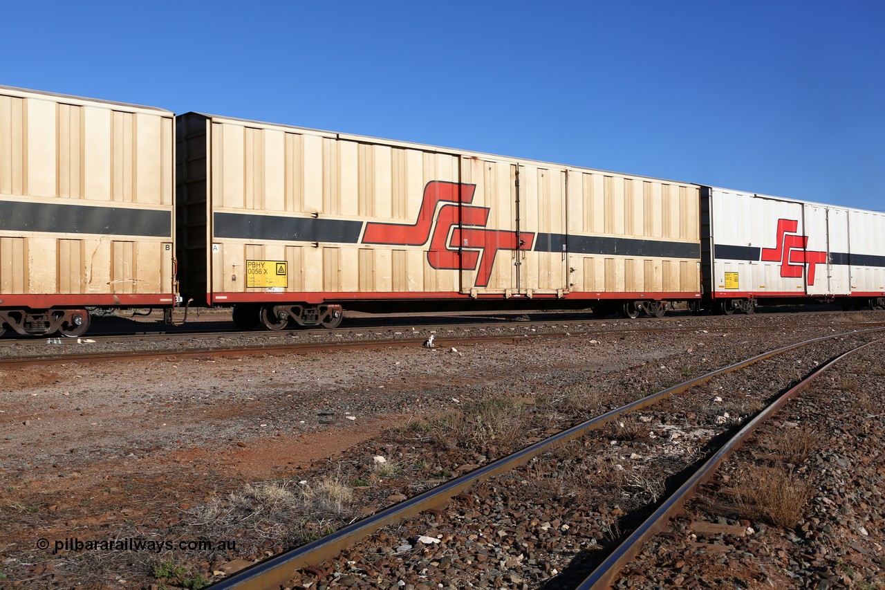 160530 9194
Parkeston, SCT train 7GP1 which operates from Parkes NSW (Goobang Junction) to Perth, PBHY type covered van PBHY 0056 Greater Freighter, one of a second batch of thirty units built by Gemco WA without the Greater Freighter signage.
Keywords: PBHY-type;PBHY0056;Gemco-WA;