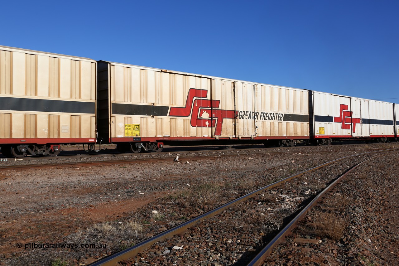 160530 9198
Parkeston, SCT train 7GP1 which operates from Parkes NSW (Goobang Junction) to Perth, PBHY type covered van PBHY 0002 Greater Freighter, one of thirty five units built by Gemco WA in 2005 with the 'Greater Freighter' signage.
Keywords: PBHY-type;PBHY0002;Gemco-WA;