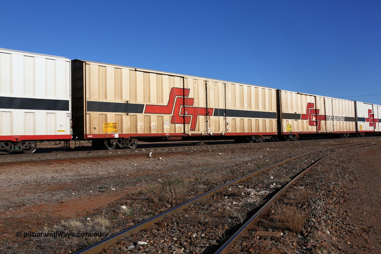 160530 9199
Parkeston, SCT train 7GP1 which operates from Parkes NSW (Goobang Junction) to Perth, PBHY type covered van PBHY 0057 Greater Freighter, one of a second batch of thirty units built by Gemco WA without the Greater Freighter signage.
Keywords: PBHY-type;PBHY0057;Gemco-WA;